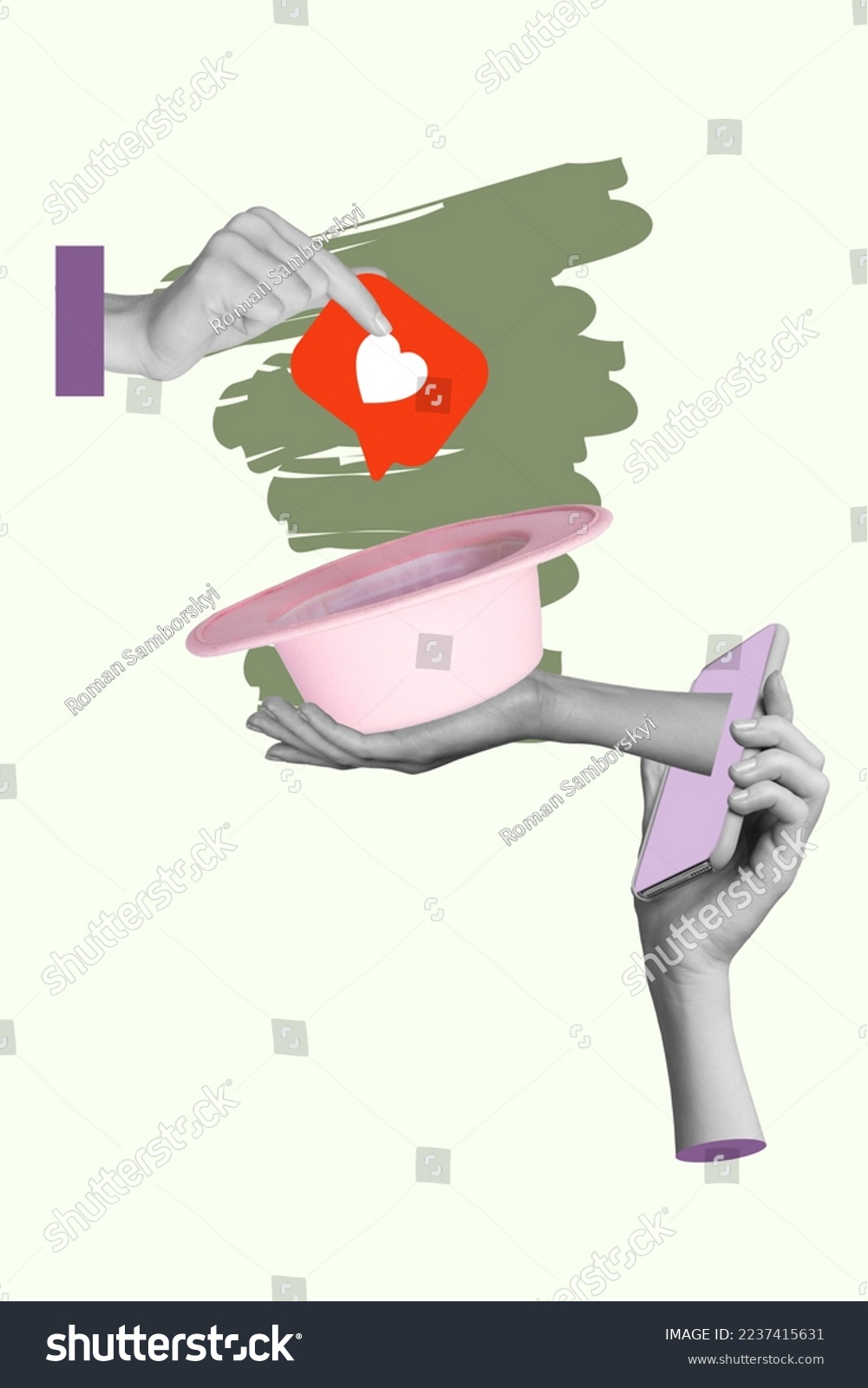 Collage artwork graphics picture of arm growing modern device holding cap asking feedbacks isolated painting background #2237415631
