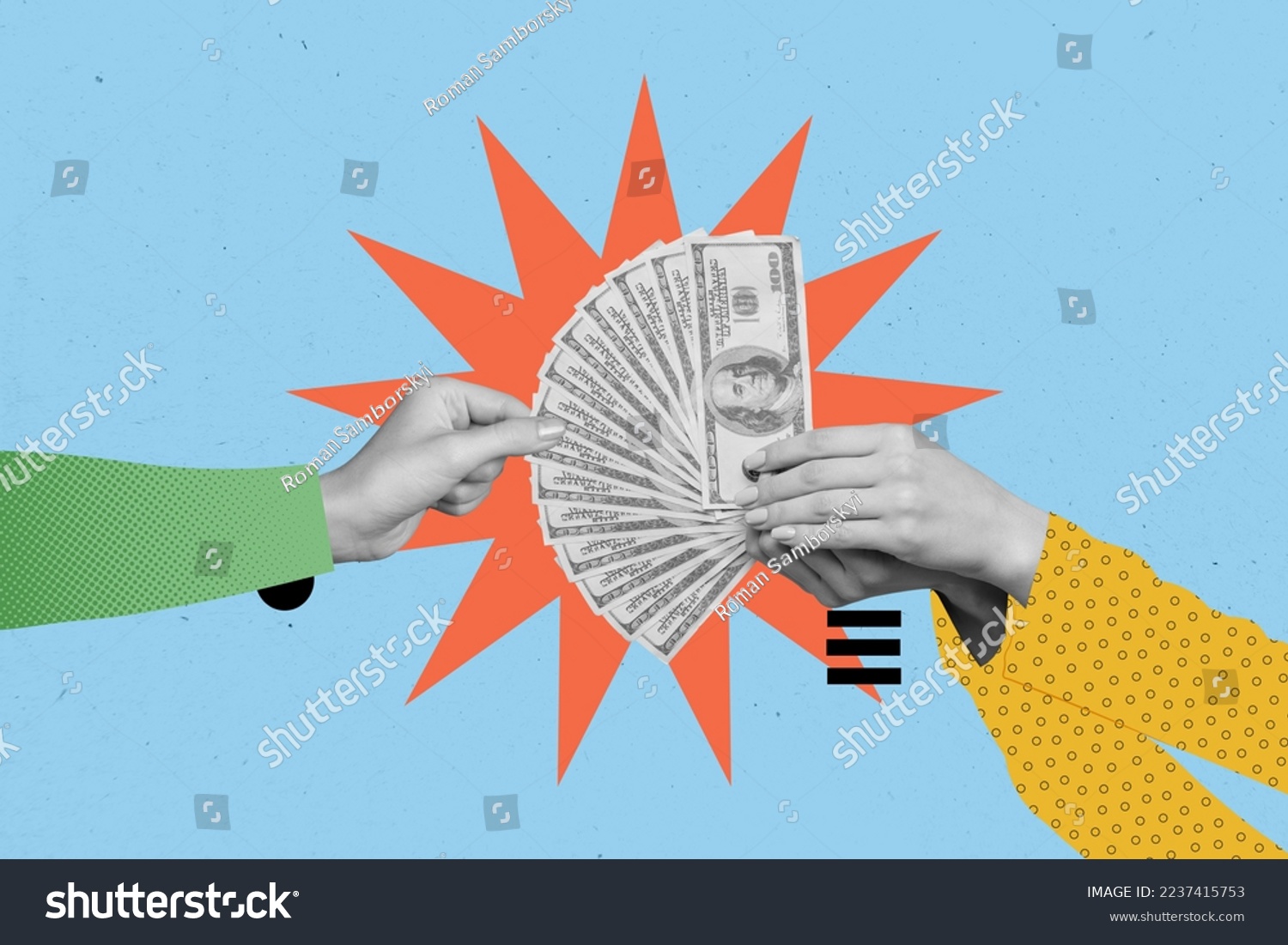 Creative photo 3d collage artwork postcard poster picture of two human arm hold money pay purchase isolated on painting background #2237415753