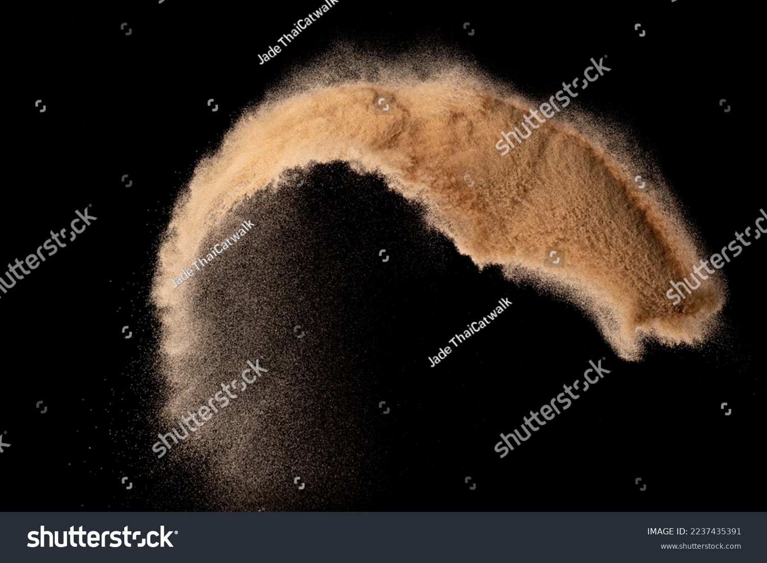 Small size fine Sand flying explosion, Golden grain wave explode. Abstract cloud fly. Yellow colored sand splash silica in Air. Black background Isolated high speed shutter, throwing freeze shot #2237435391