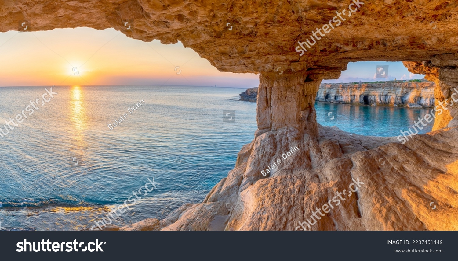 Landscape with sea cave at sunset, Ayia Napa, Cyprus #2237451449