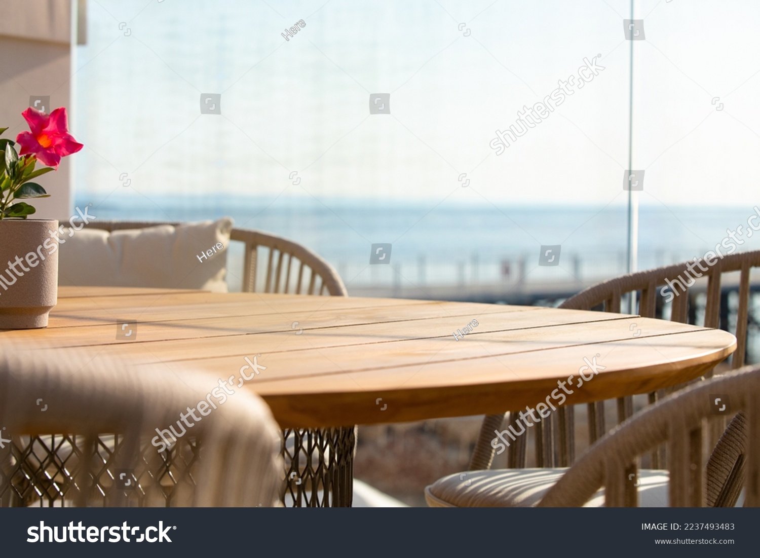 BLANK WOODEN TABLE AND SEA BACKGROUND, HOLIDAY RESORT BACKDROP BACKGROUNDS, TOURISM DESIGN #2237493483