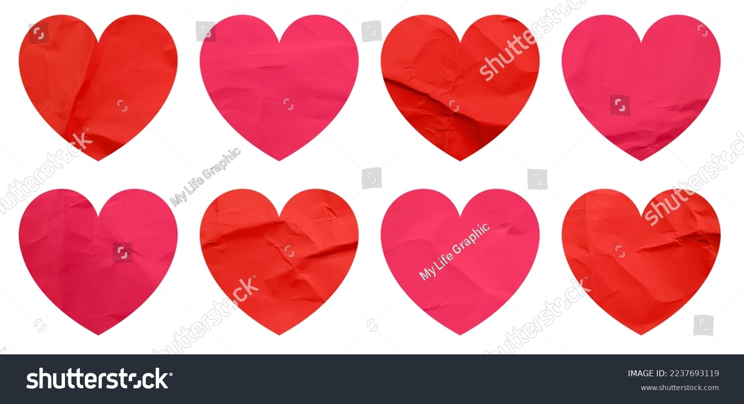 Set of heart shapes red and pink paper stickers, Mock up blank tags labels, isolated on white background with clipping path #2237693119