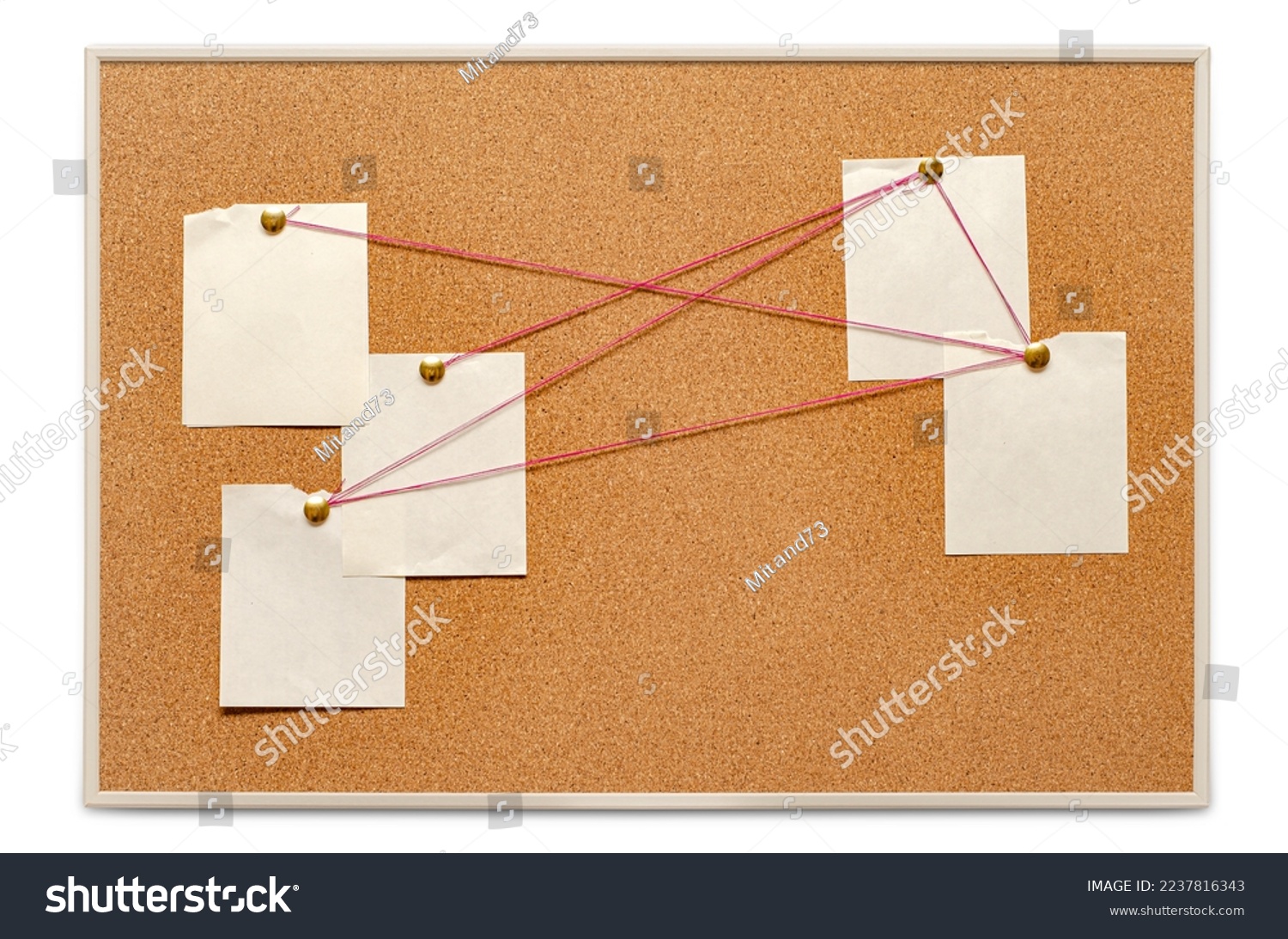 Blank paper notes are pinned to a cork board. The concept of detective investigation. Copy space. #2237816343