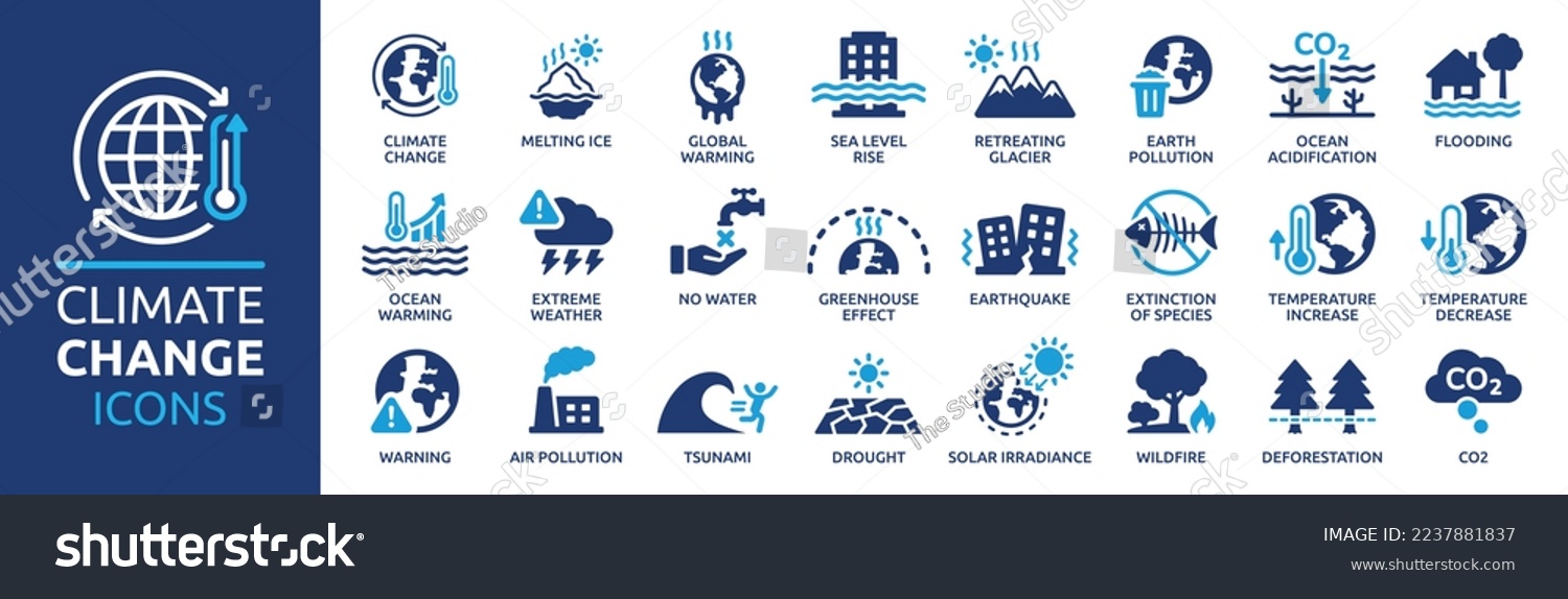 Climate change icon set. Containing global warming, greenhouse, melting ice, earth pollution and disaster icons. Solid icon set. #2237881837