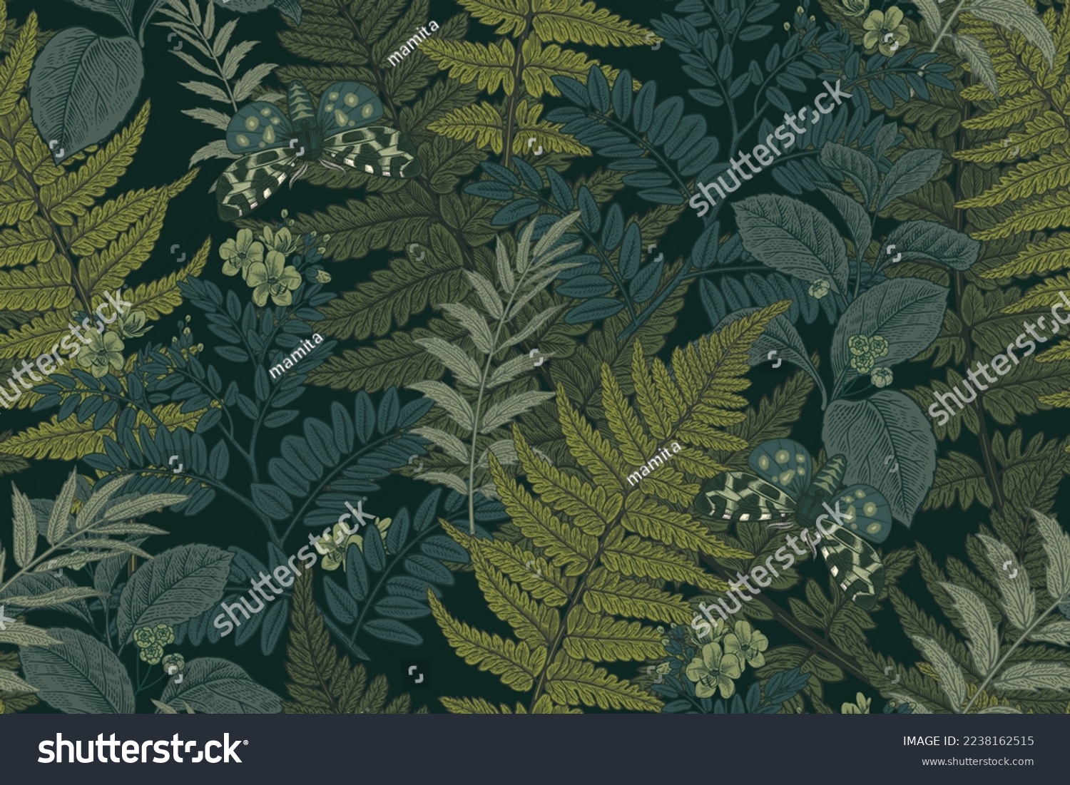 Fern leaves, flowers and night butterflies. Floral seamless pattern. Dark background. Vector illustration. Vintage engraving. Template for textile, wallpaper, paper. #2238162515