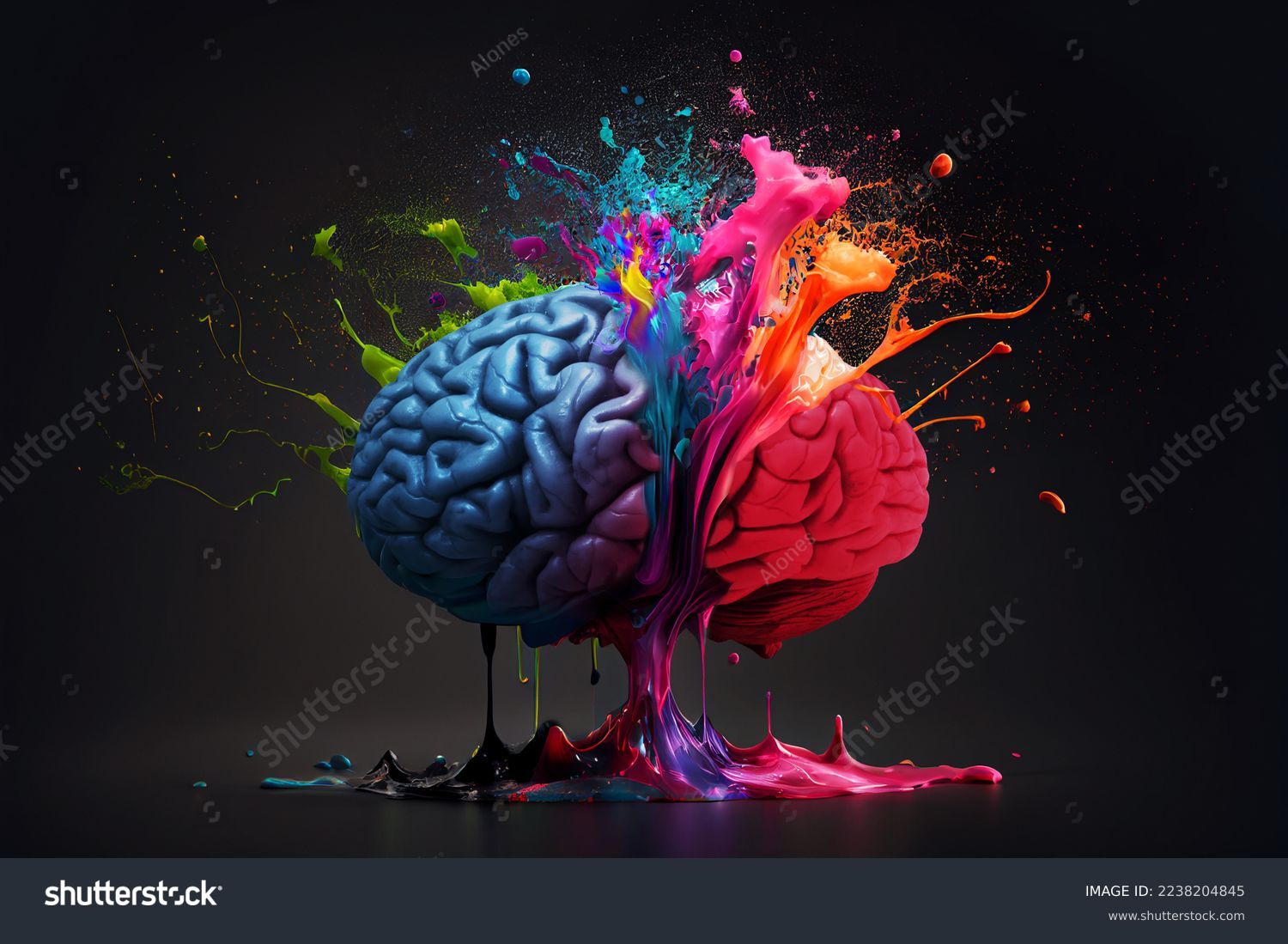Creative art brain explodes with paints with splashes on a black background, concept idea #2238204845