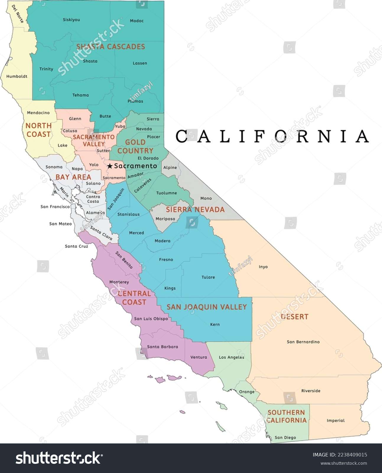 California state regions map with counties. Colored. Vectored #2238409015