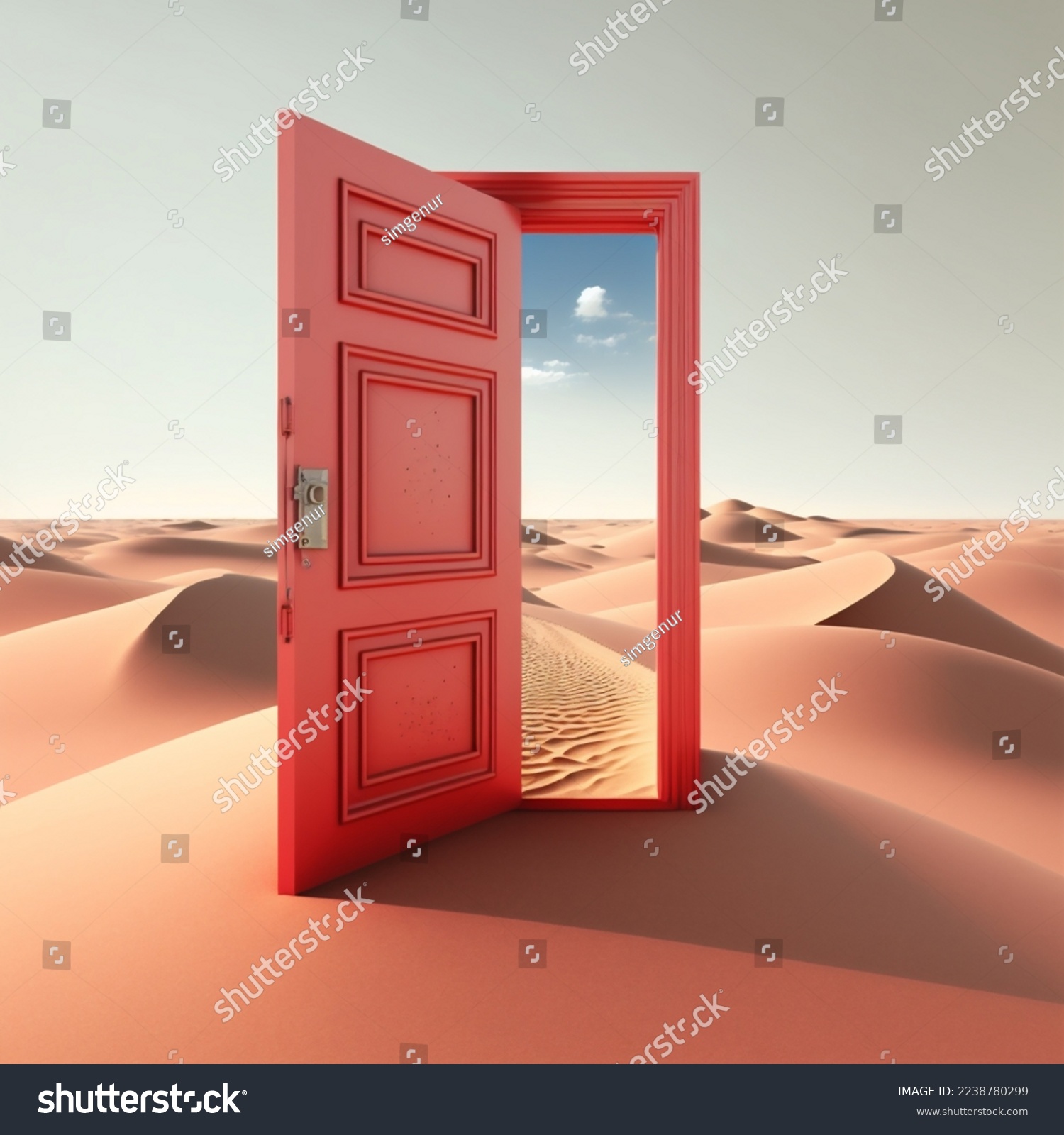 Opened red door in the desert . This is a 3d render illustration #2238780299