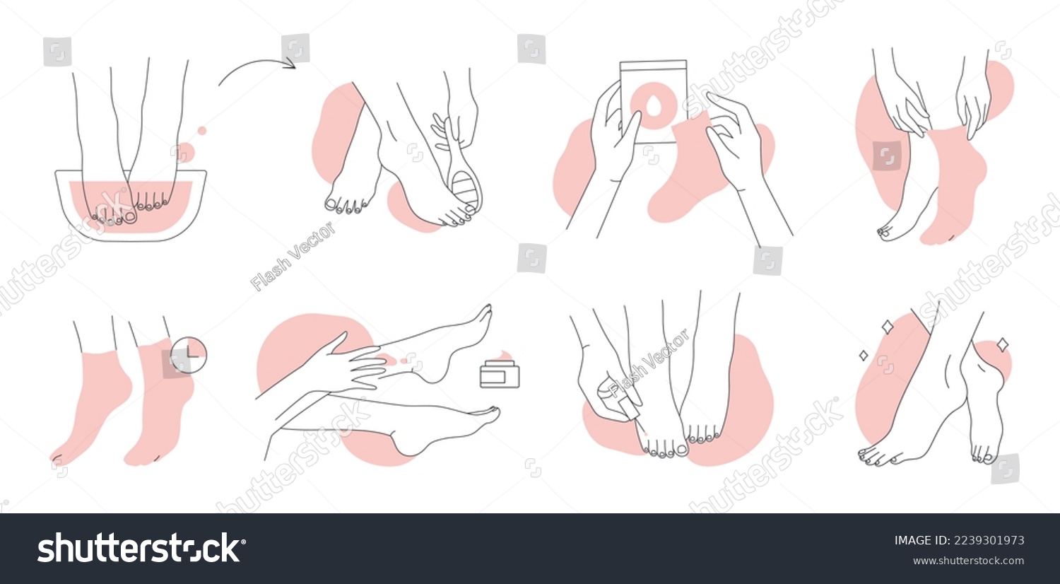 Foot care set of line icons vector illustration. Hand drawn outline female feet in bath with water, spa treatment in beauty salon and massage with cream, pedicure, moisturizing and peeling socks #2239301973