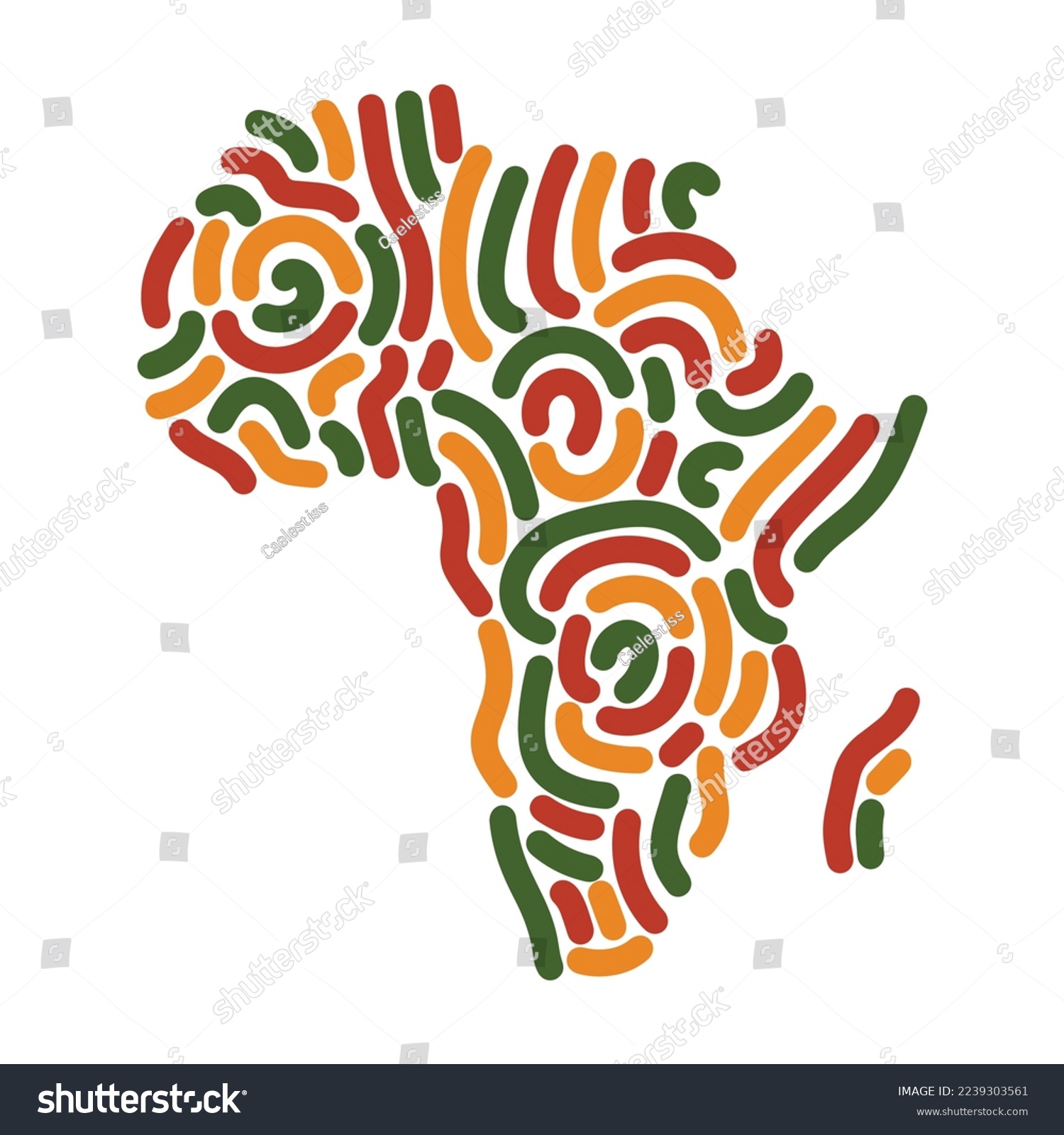 Africa map, decorative silhouette of African continent with abstract lines ornament in color of Pan African flag - red, yellow, green. Liner stroke smooth round lines ornament in shape of Africa #2239303561