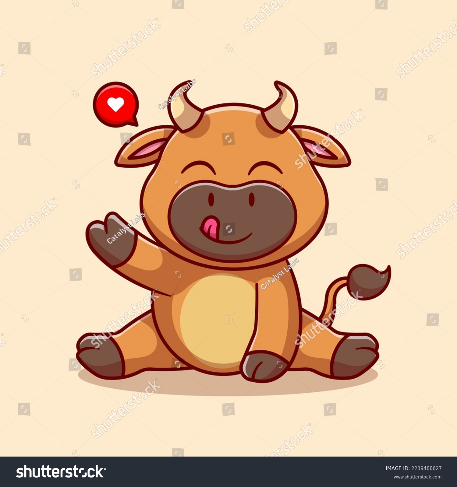 Cute Bull Sitting And Waving Hand Cartoon Vector - Royalty Free Stock ...