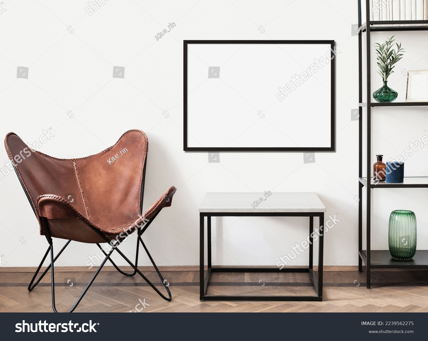 Blank picture frame mockup on a wall. Horizontal orientation. Artwork template in interior design #2239562275