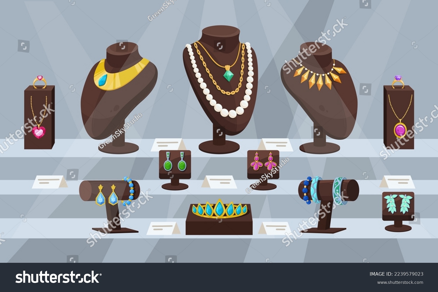 Cartoon jewelry shop showcase. Precious accessories, glamorous jewelry and bijouterie shop glass case flat vector illustration. Golden jewel shop window #2239579023