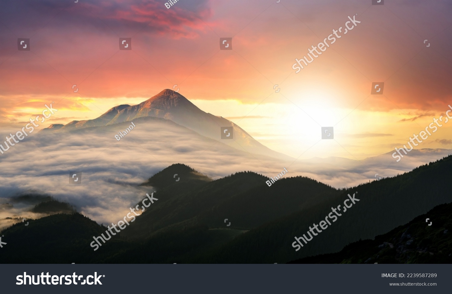 Sunset landscape with high peaks and foggy valley with thick white clouds under vibrant colorful evening sky in rocky mountains. #2239587289