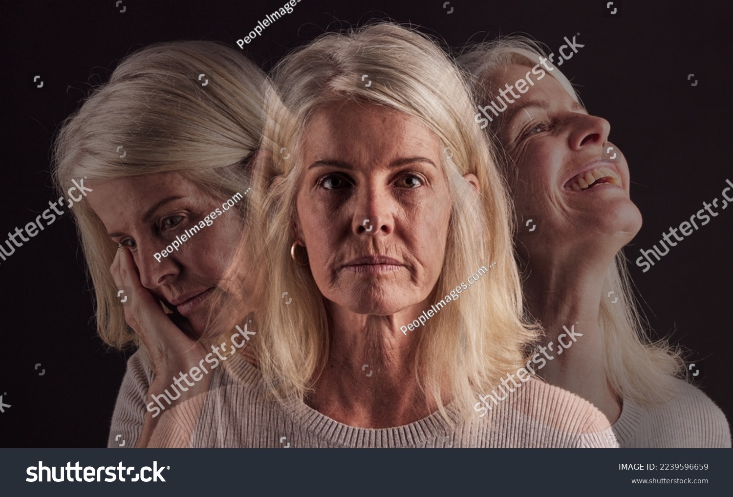 Senior woman, bipolar or mental health for depression, psychology or mood swings. Mature female, depressed or schizophrenia with identity crisis, trauma anxiety or problem with portrait, sad or smile #2239596659