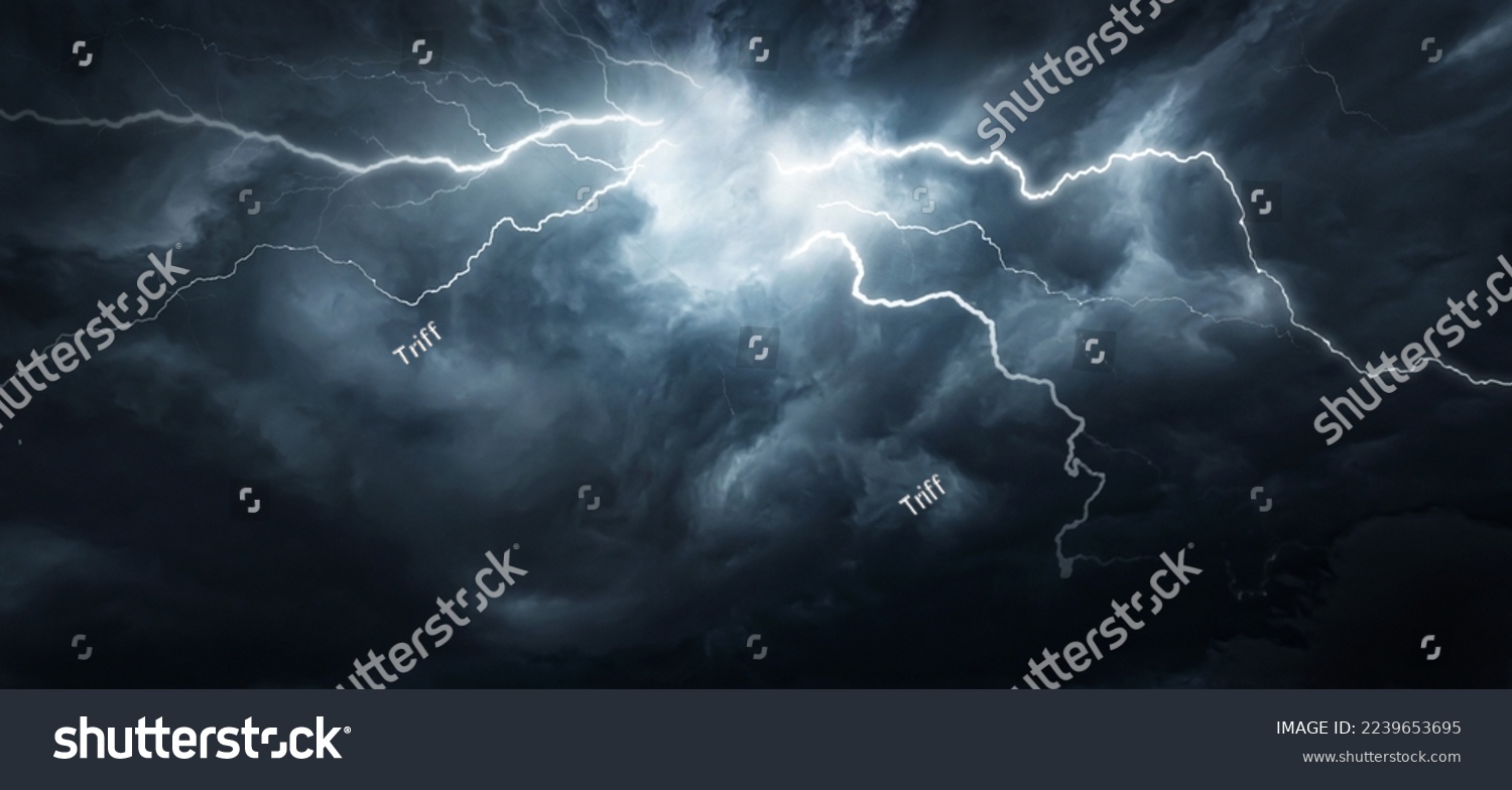 Thunderous dark sky with black clouds and flashing lightning. Panoramic view. Concept on the theme of weather, natural disasters, storms, typhoons, tornadoes, thunderstorms, lightning, lightning. #2239653695