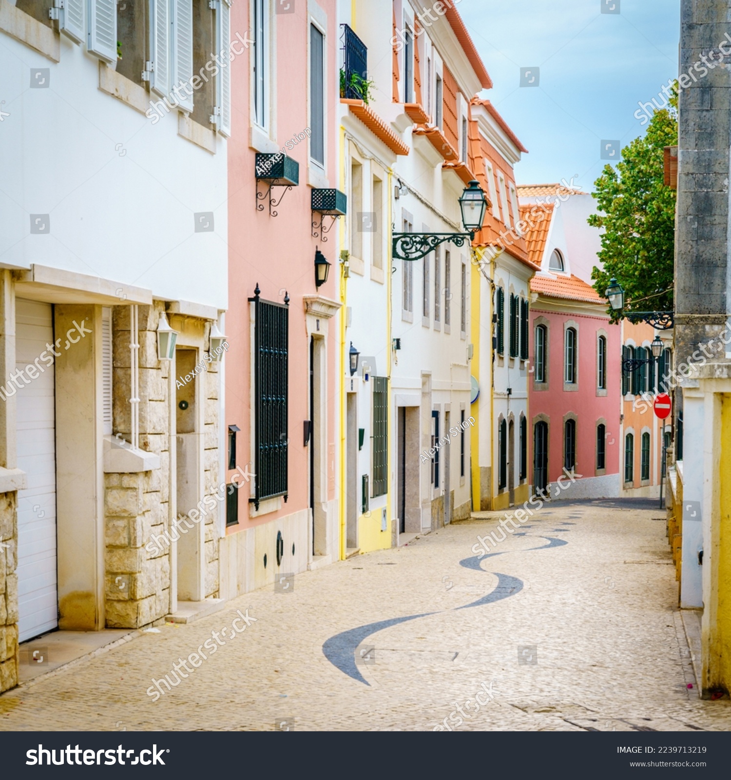 Pedestian cobblestone street in Cascais, Portugal #2239713219