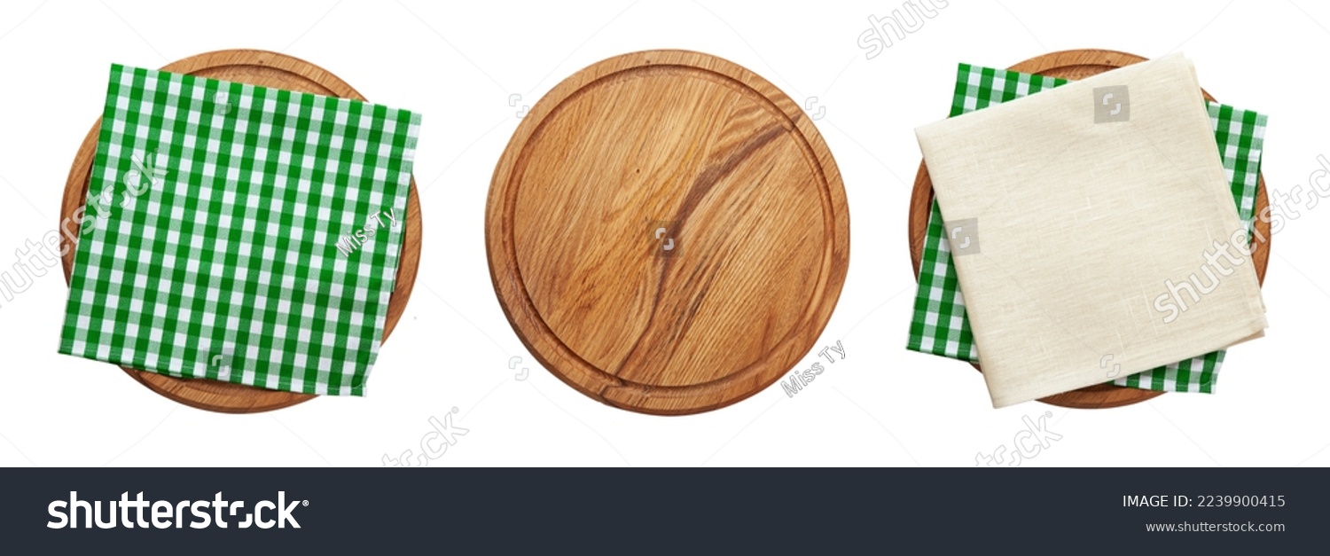 Empty pizza board and napkins top view isolated on white. #2239900415