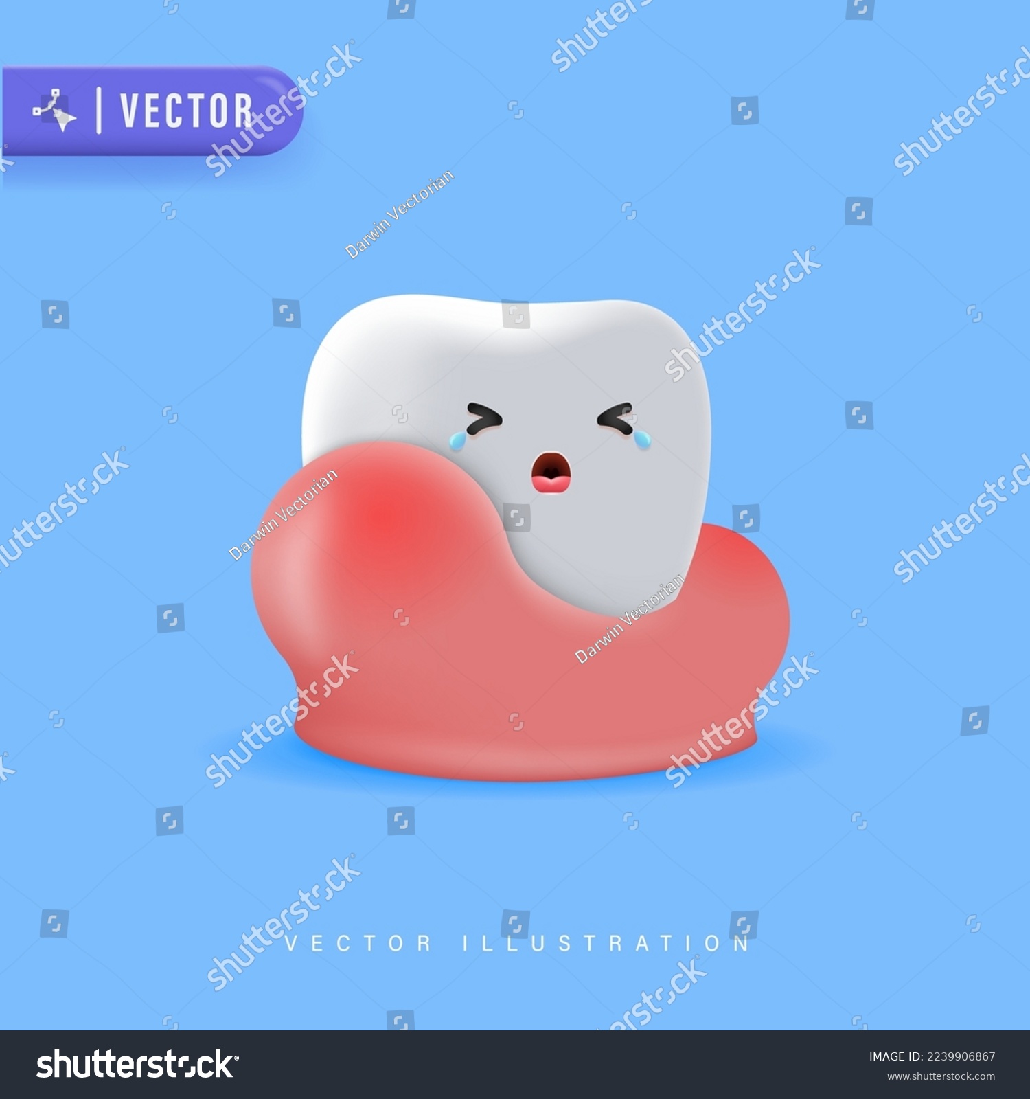3D Cute Cartoon Tooth Character with Gum Problem  Vector Illustration. Swolen Gum Concept. Illustrstion of Gum Disease. Periodontal Disease. Periodontitis Disease #2239906867