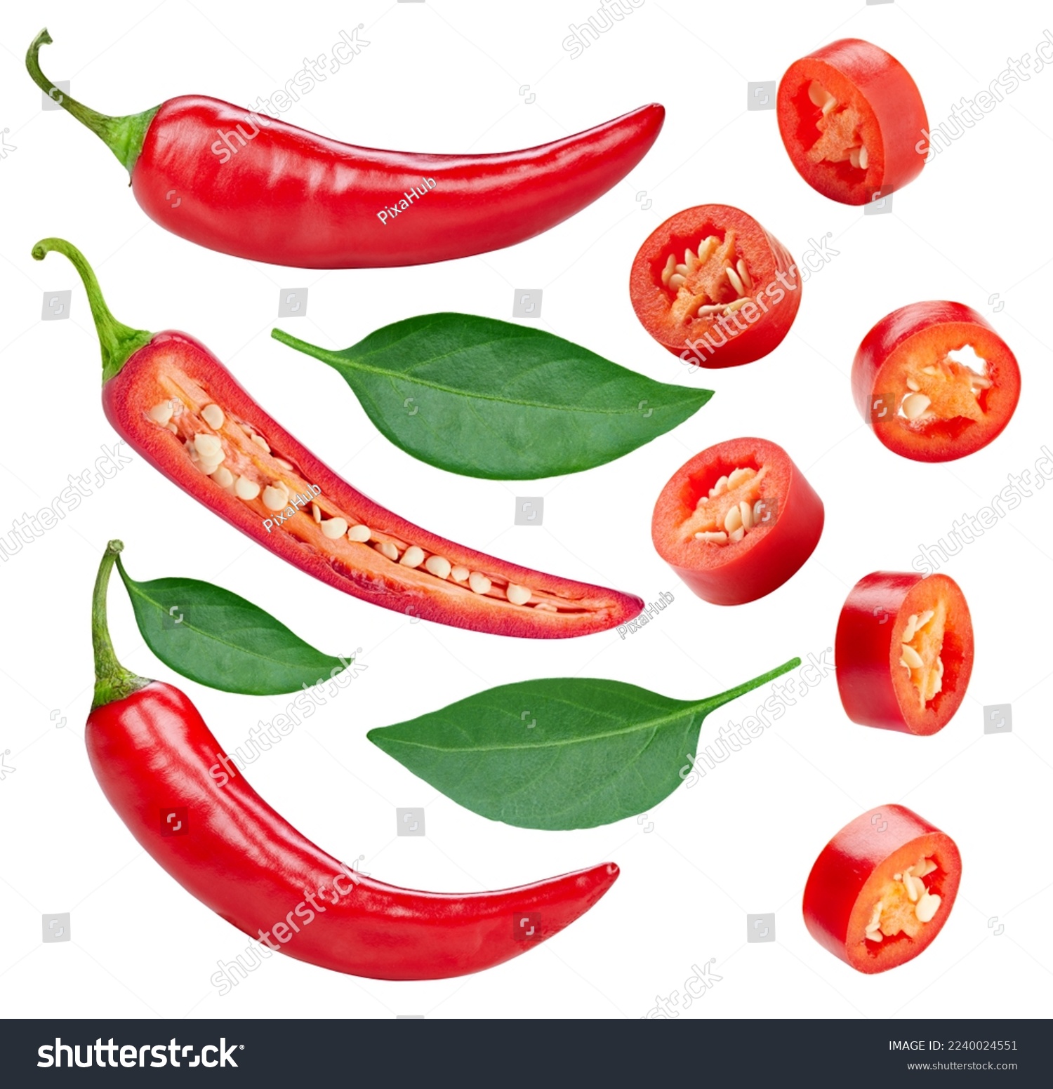 Red hot chili pepper. Fresh organic chili pepper with leaves isolated on white background. Chili pepper with clipping path #2240024551