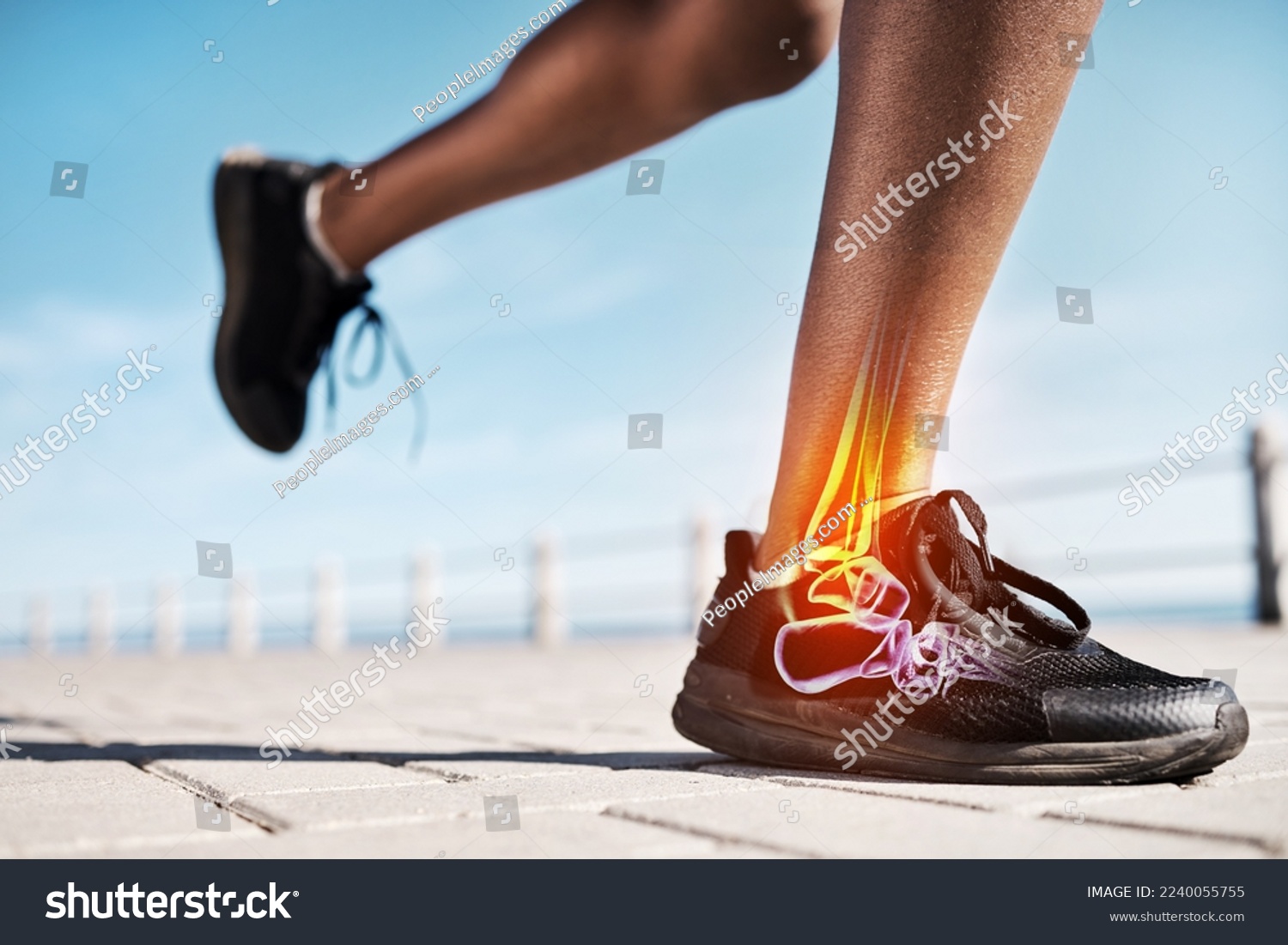 Running shoes, legs or skeleton bone glow in workout, training or exercise with anatomy pain, body stress or joint burnout. Zoom, runner or sports woman with ankle injury and 3d futuristic abstract #2240055755