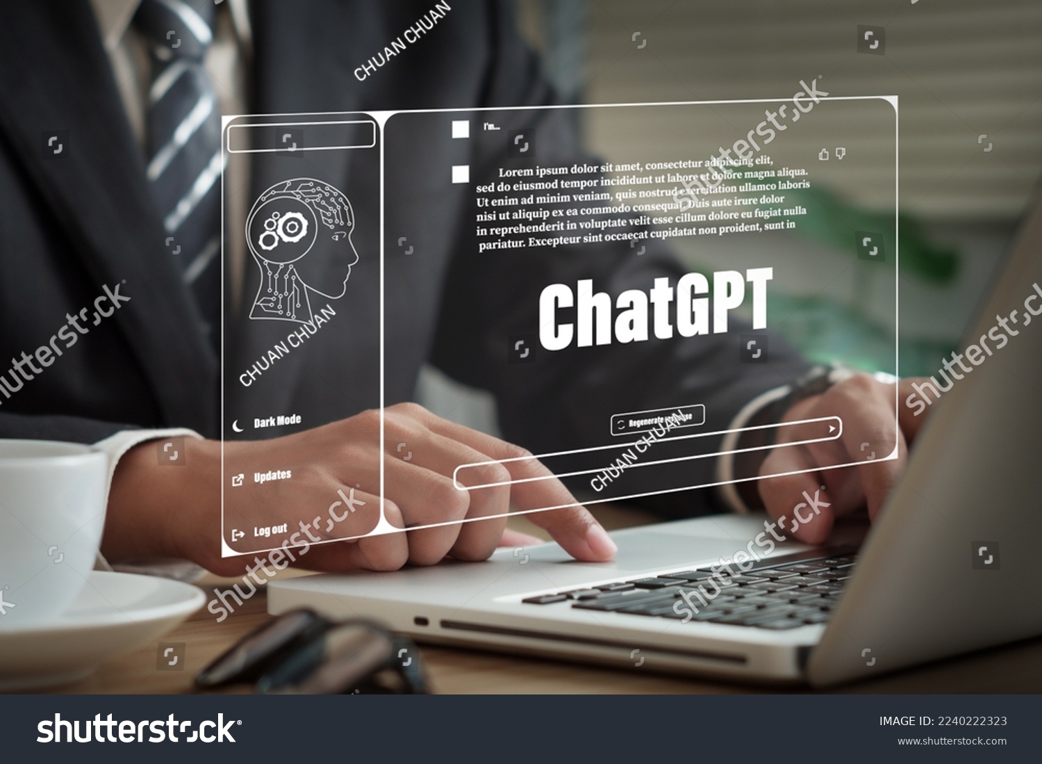 ChatGPT Chat with AI or Artificial Intelligence.  Young businessman chatting with a smart AI or artificial intelligence using an artificial intelligence chatbot developed by OpenAI. #2240222323