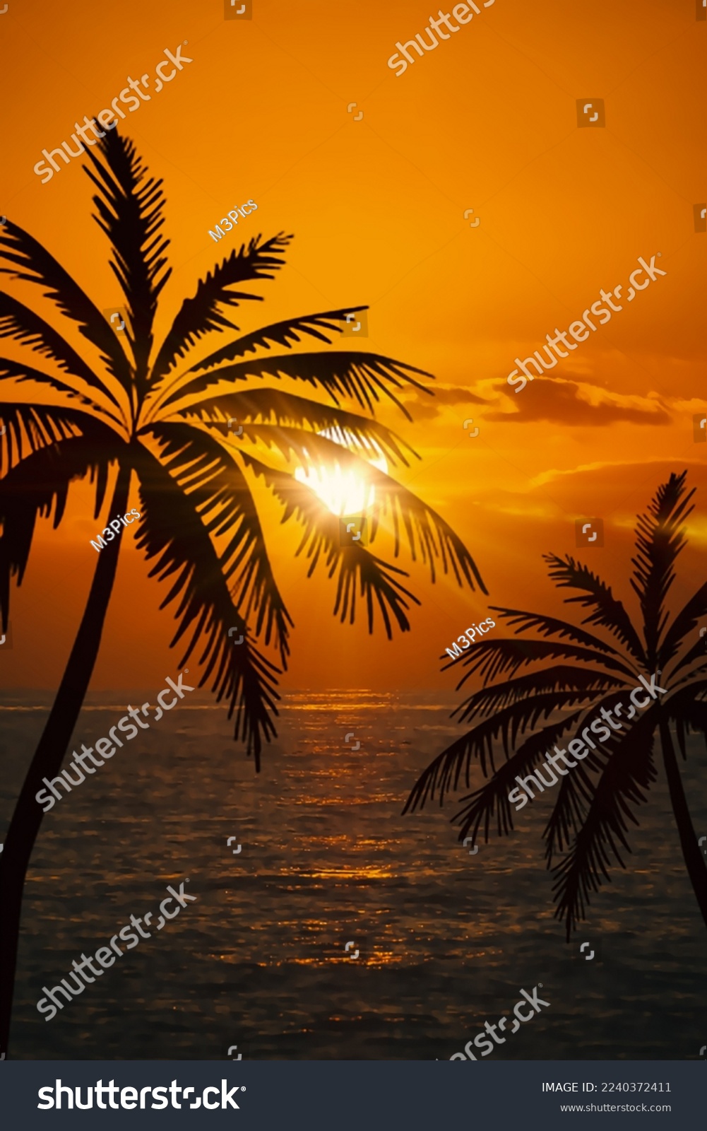 Beach Sunset Palm Tree Silhouette #2240372411