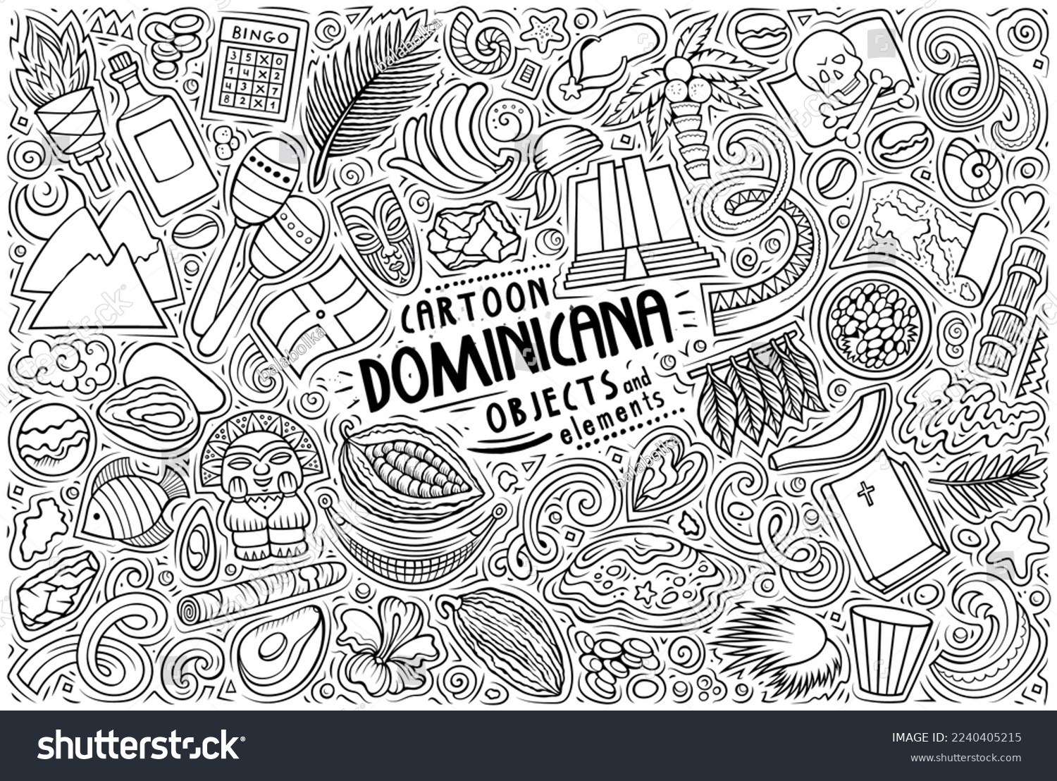 Cartoon vector doodle set of Dominican Republic traditional symbols, items and objects #2240405215