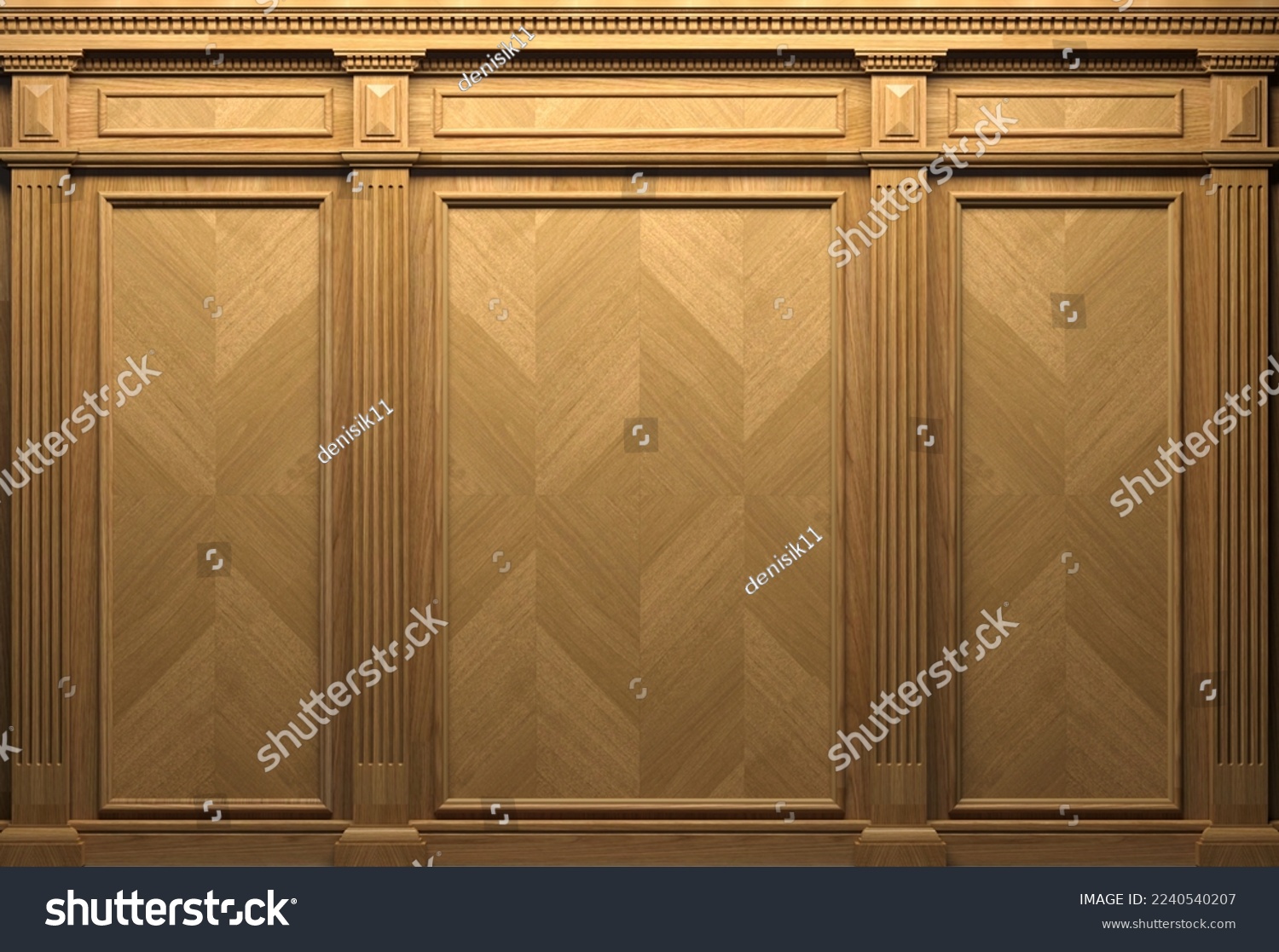 3d illustration. Classic wall with vintage brown beech wood panels . Joinery in the interior. Background. #2240540207