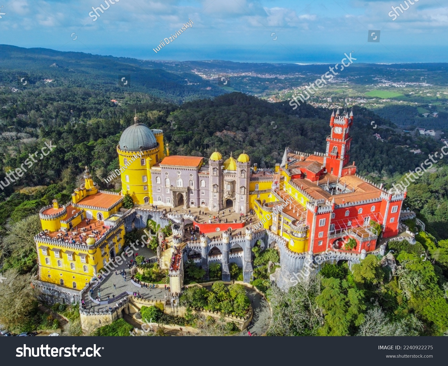 Aerial photographs. View from a flying drone. Pena Palace in Sintra. Lisbon, Portugal. A famous landmark. Top View. #2240922275