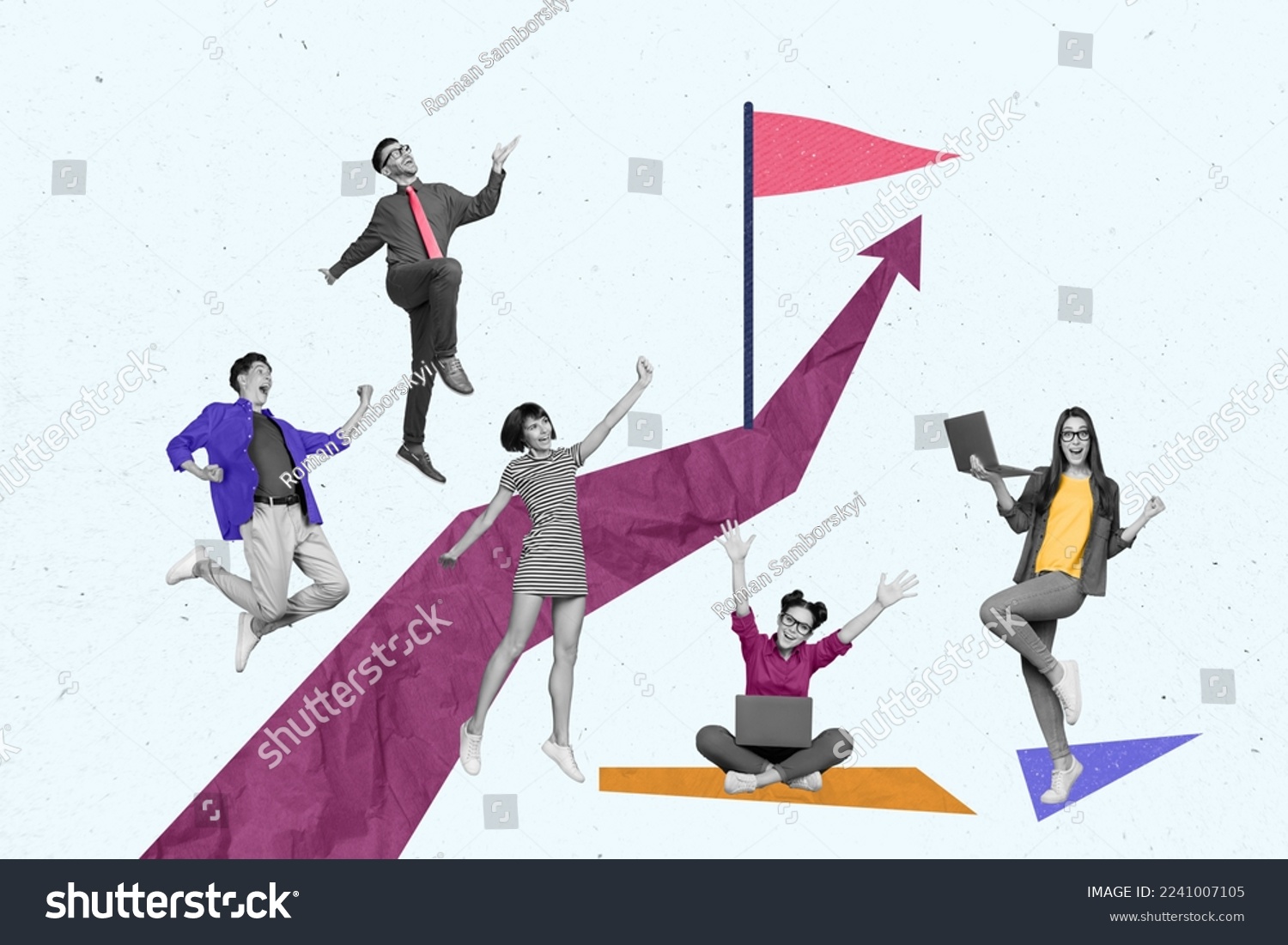 Creative photo 3d collage artwork poster postcard picture of many happy people celebrating success isolated on painting background #2241007105