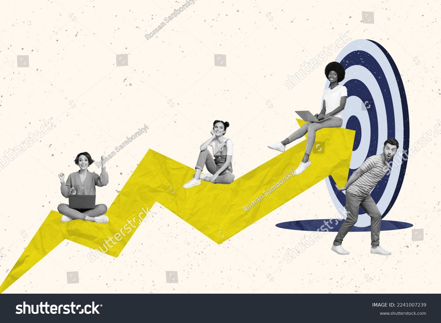 Composite collage image of company team building hit target achieve aim profit arrow point help together support caricature drawing #2241007239