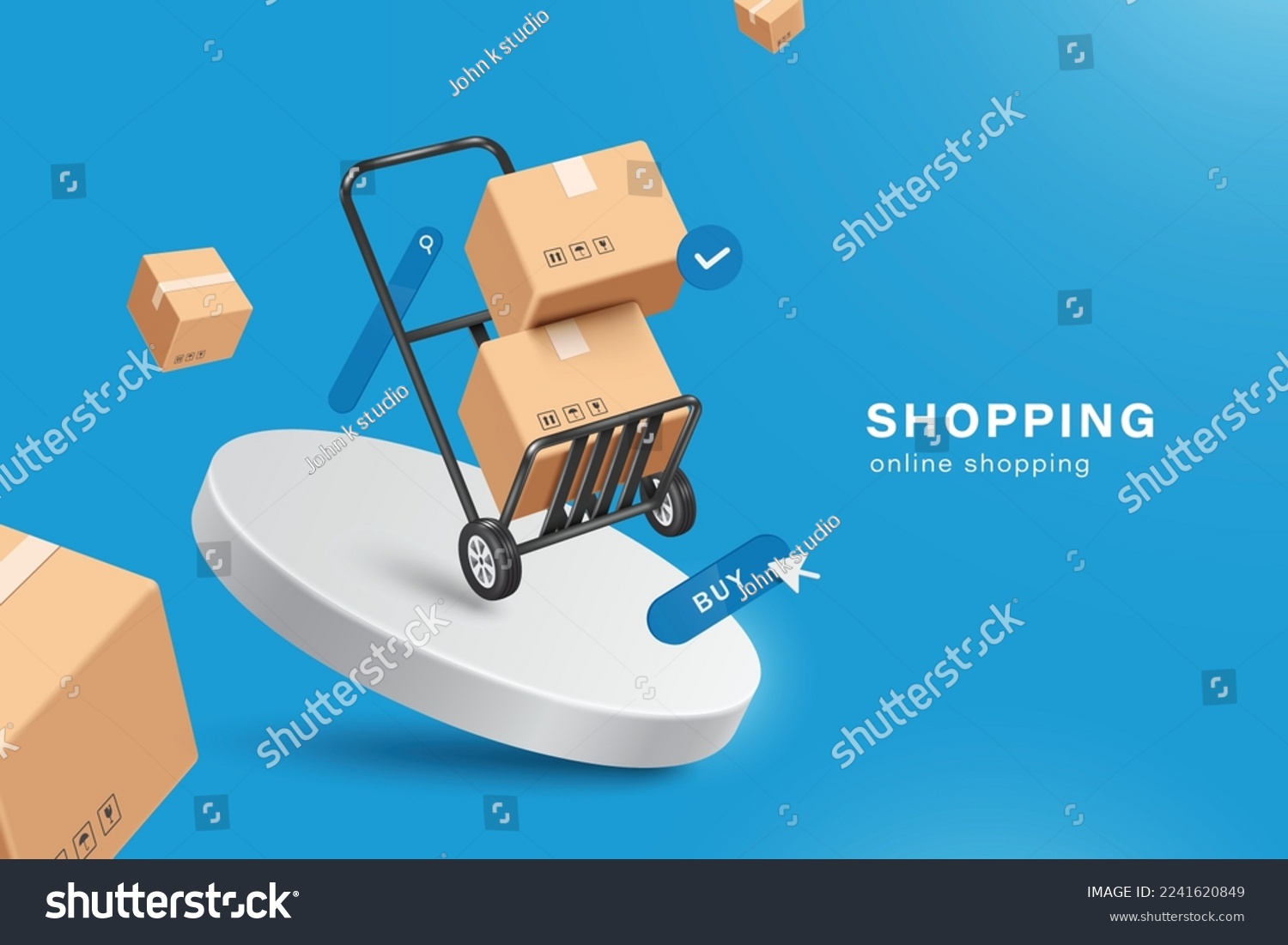 Parcel boxes or cardboard box place in cart drag and have an order confirm pop-up icon next to them and all float above buy icon,search bar and round white podium,vector 3d for logistics design #2241620849