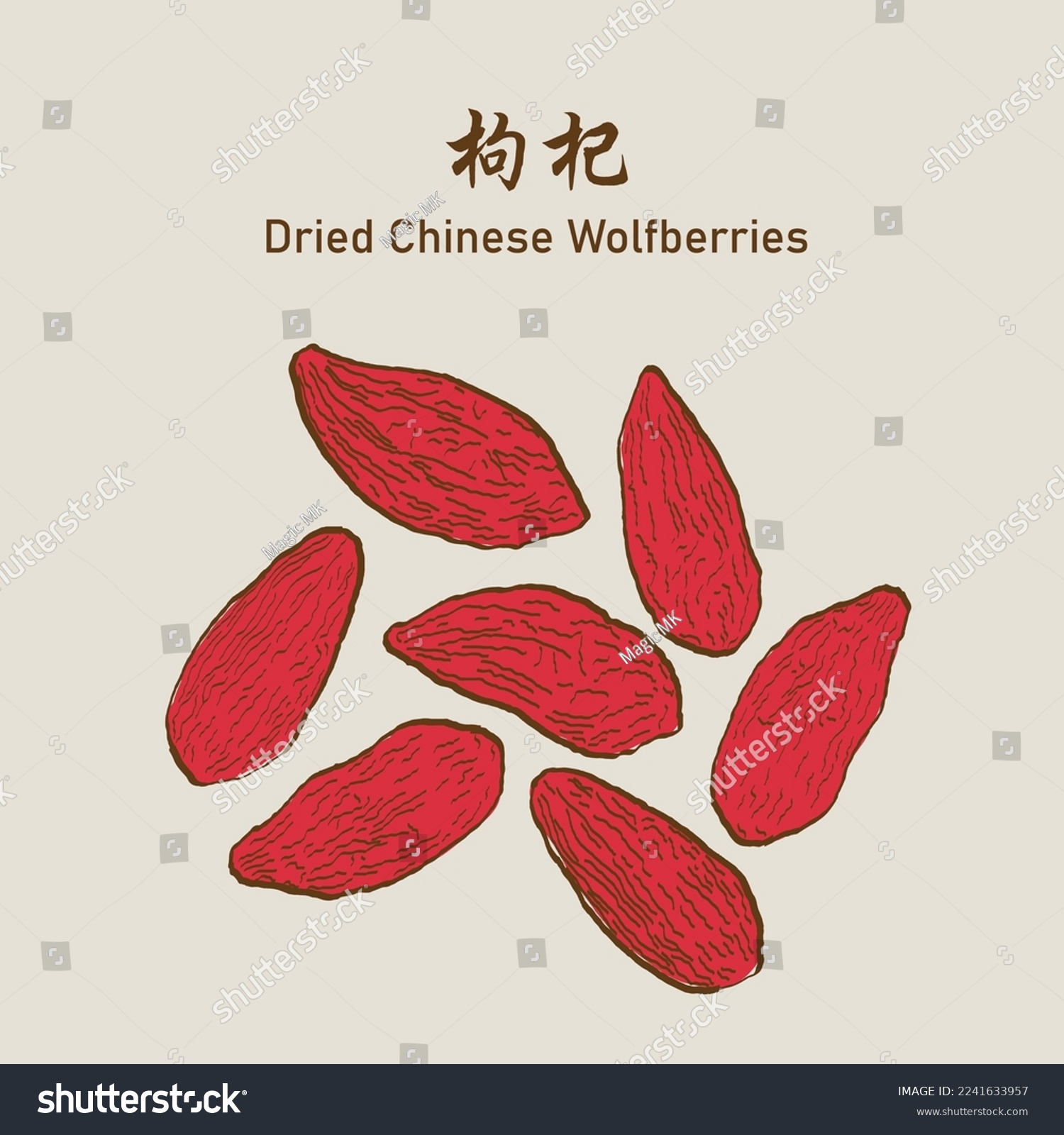 Dried chinese wolfberries, goji, goji berry or lycium chinense. 枸杞. Vector EPS 10 #2241633957