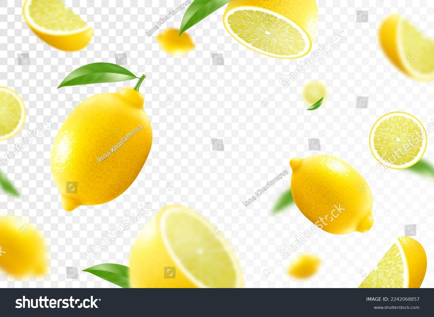 Lemon citrus background. Flying Lemon with green leaf on transparent background. Lemon falling from different angles. Focused and blurry fruits. Realistic 3d vector illustration . #2242068857