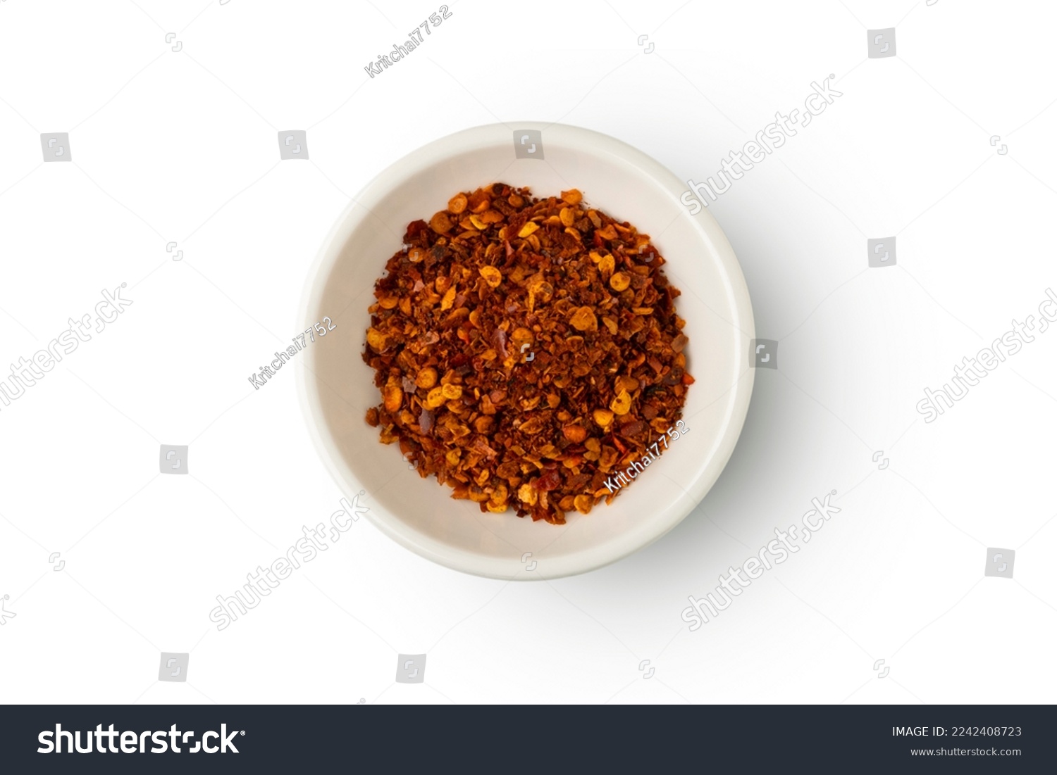 Cayenne pepper powder in white bowl isolated on white background with clipping path.Top view #2242408723