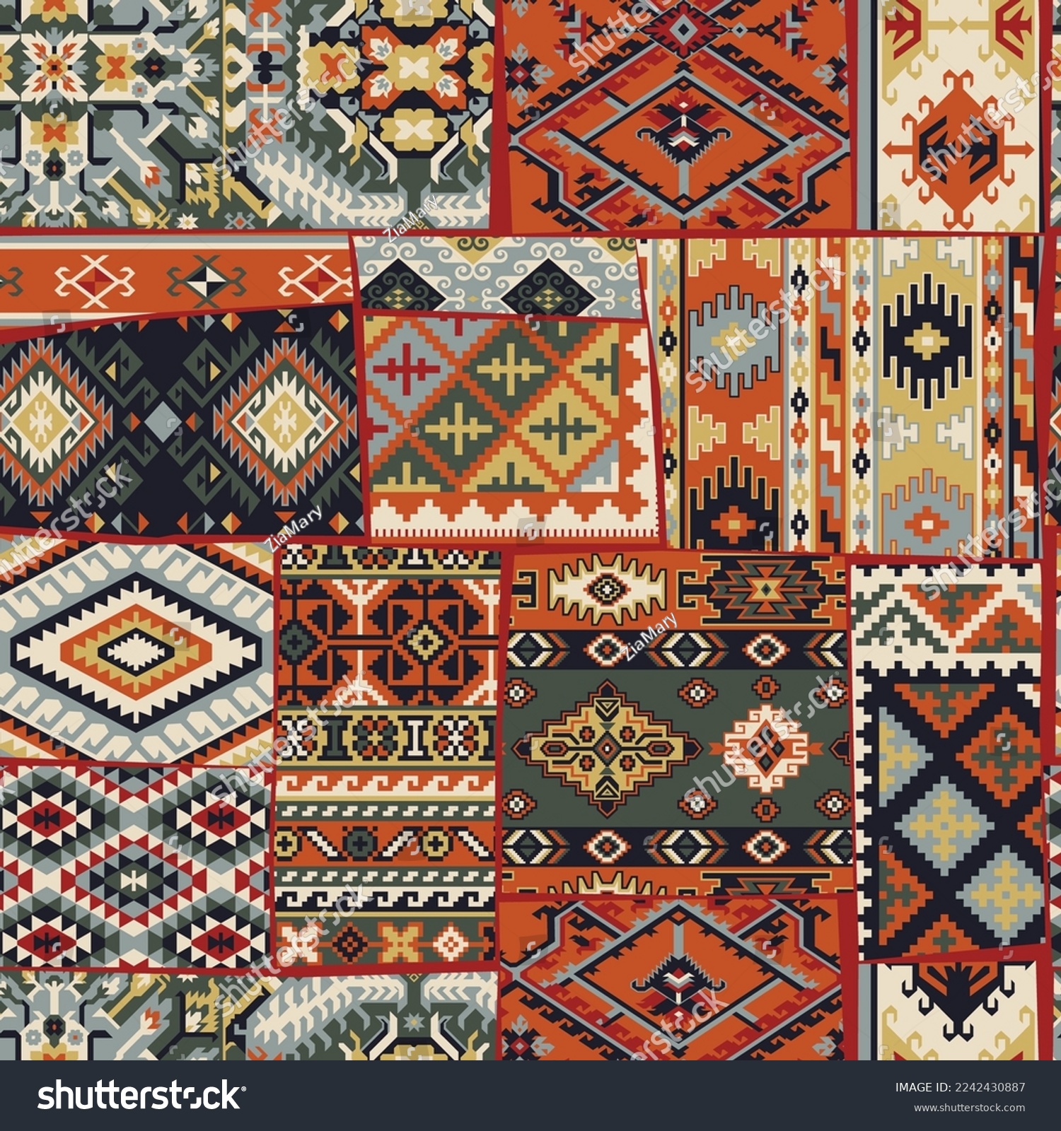 Caucasian style antique kilim carpet motifs patchwork vector seamless pattern wallpaper #2242430887