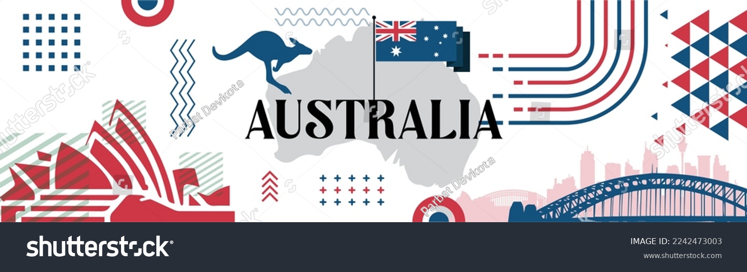 Australia day banner design for 26 January. Abstract geometric banner for the national day of Australia in shapes of red and blue colors. Australian flag theme with landmark background. #2242473003