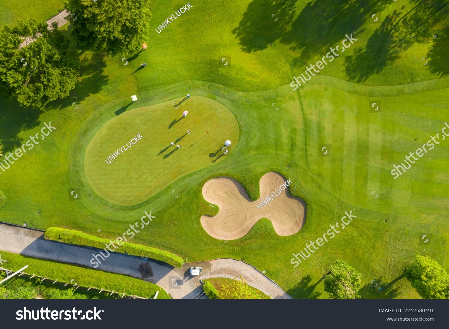 Golf course sport, green grass and trees on a golf field, fairway and putting green top view, Bangkok Thailand. bird view over Golf course in the tropical asia. #2242580491
