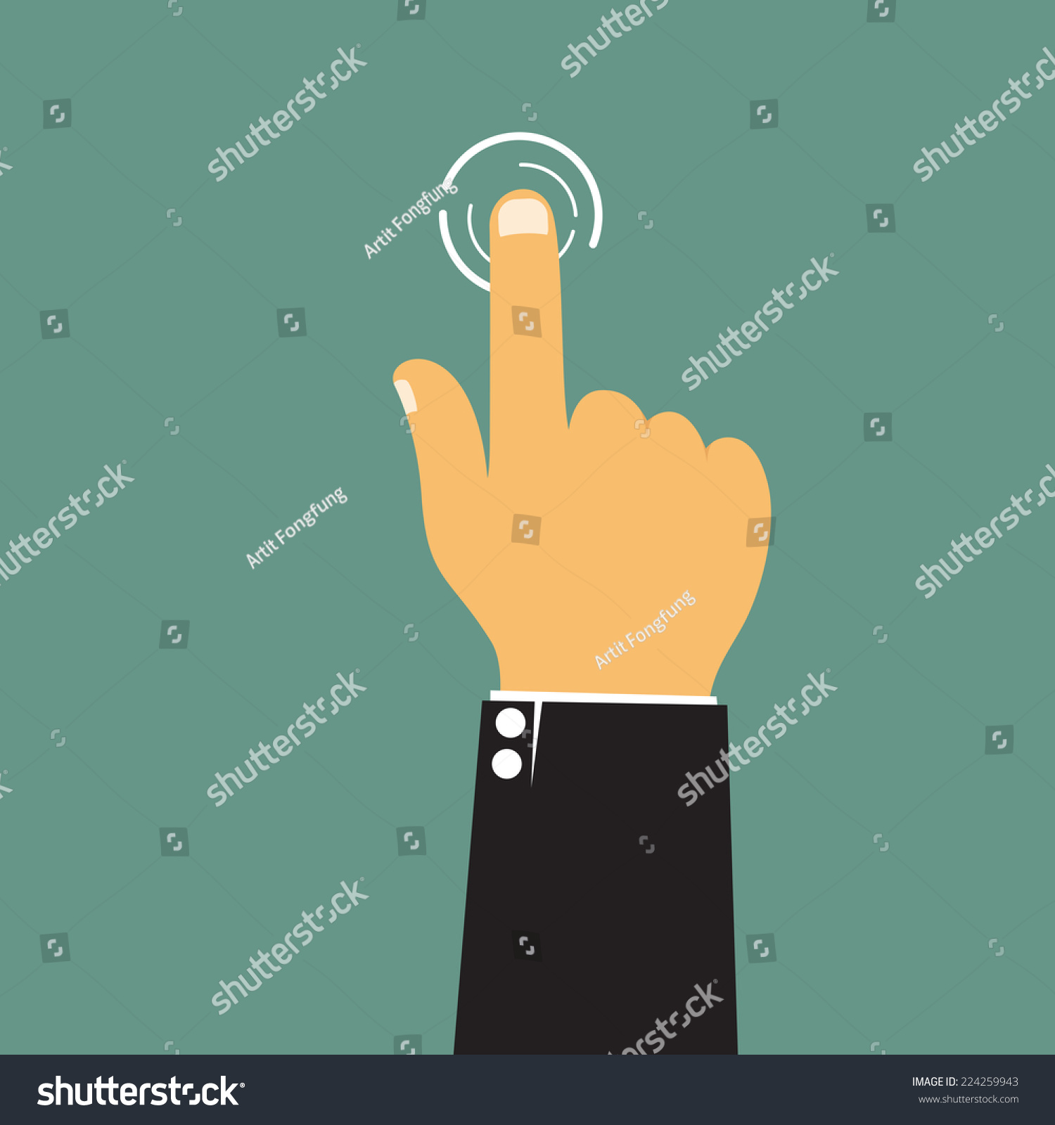 cartoon business hand pressing a button with index finger extended, vector illustration. #224259943