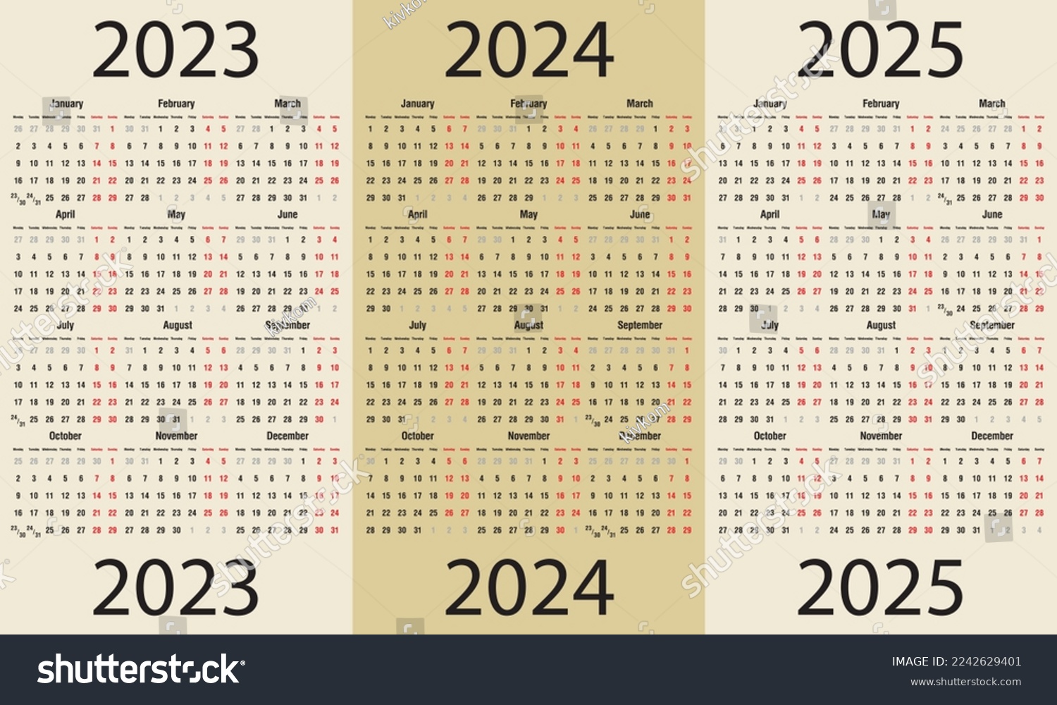 Calendar for 2023, 2024, 2025. European standard Royalty Free Stock