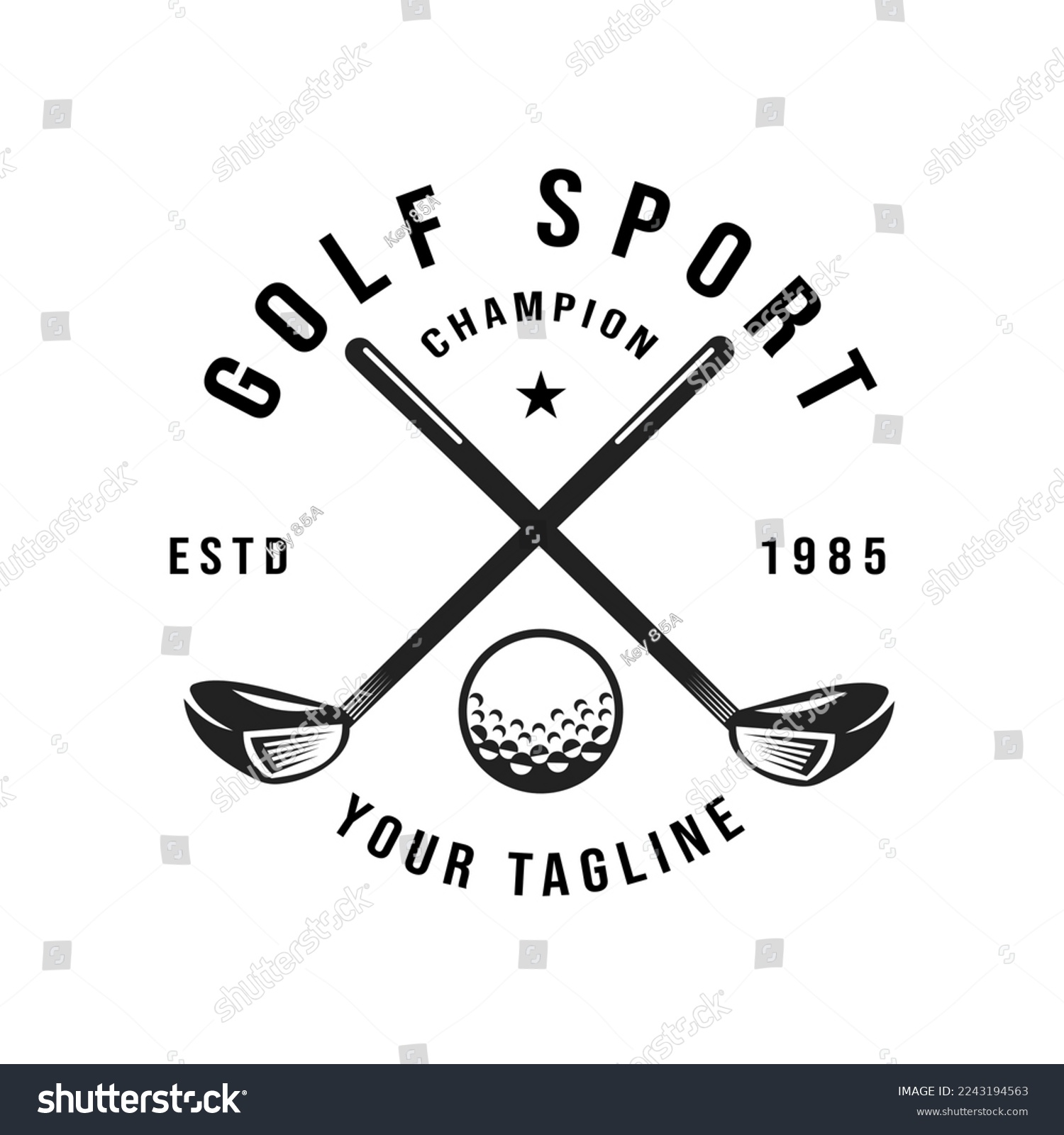 Retro vintage golf, professional golf ball logo template design, golf championship, badge or icon with crossed golf clubs and ball on tee. Vector illustration. symbol, icon #2243194563