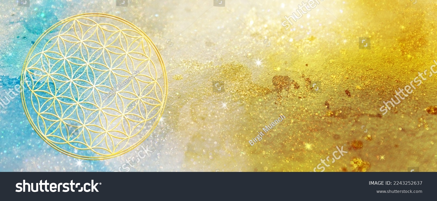 Abstract glittering background in gold and turquoise with golden flower of life symbol #2243252637