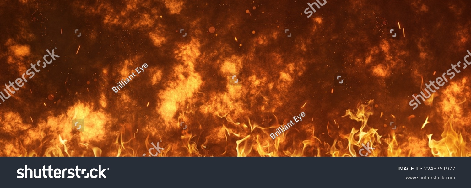 Grunge wall with blazing fire in panoramic format #2243751977