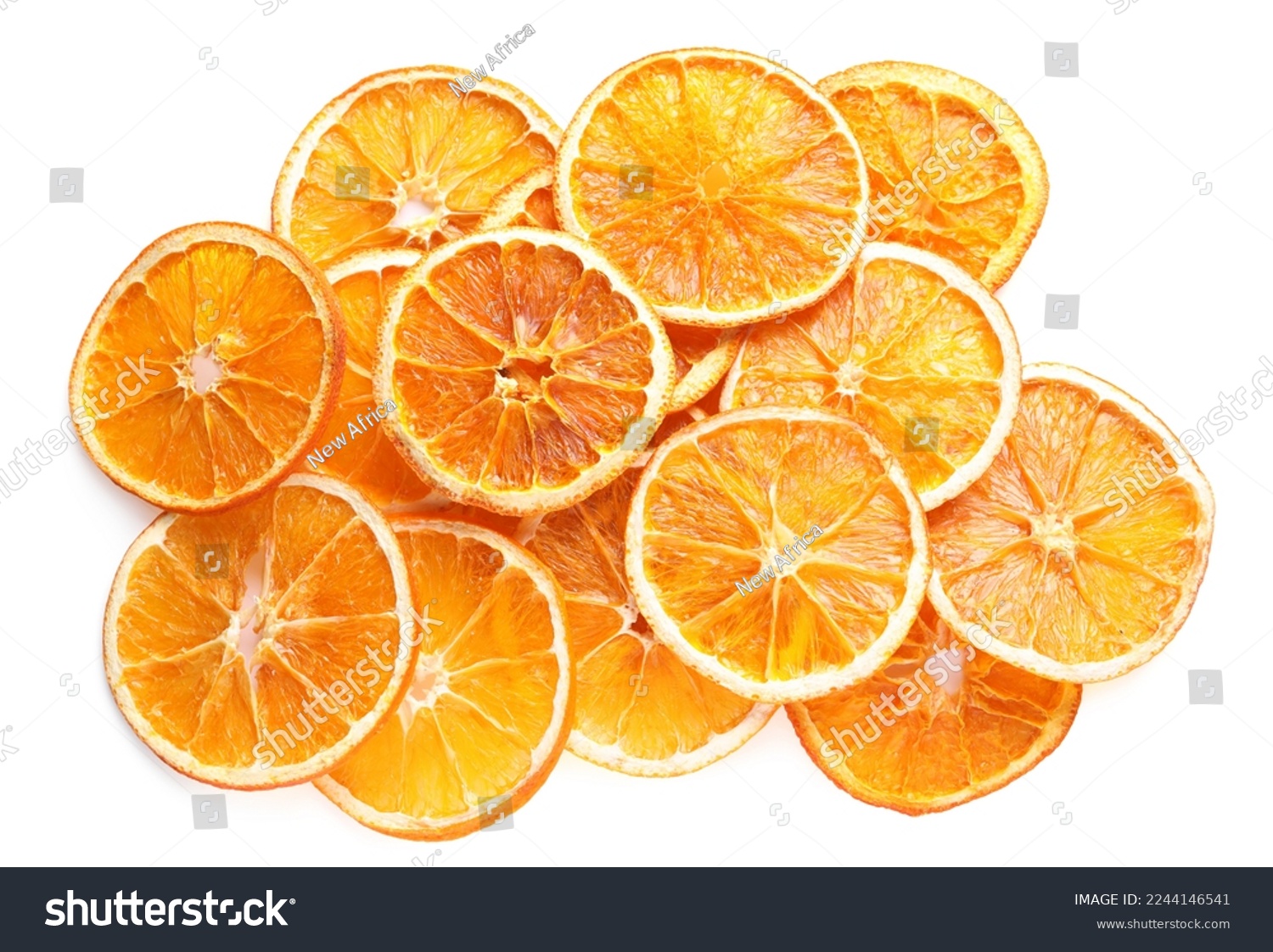 Delicious dry orange slices on white background, top view #2244146541