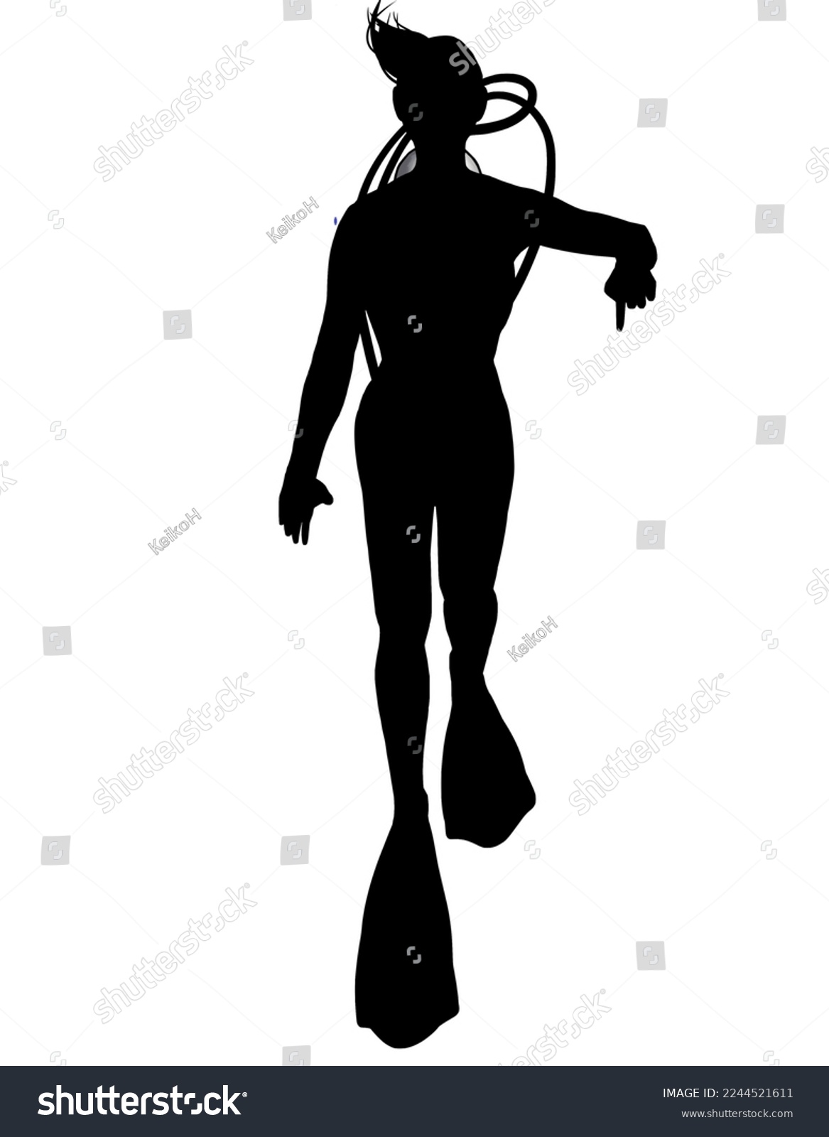 Female scuba diver pointing down - Royalty Free Stock Photo 2244521611 ...