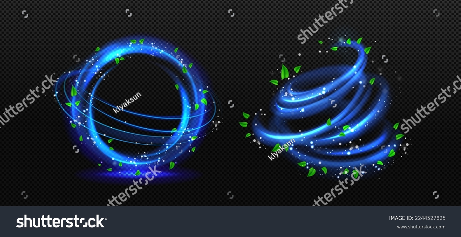Freshness effect, blue air or wind flow with green leaves. Glow circle and swirls, wand trails, fresh menthol breath or detergent isolated on transparent background, Realistic 3d vector illustration #2244527825