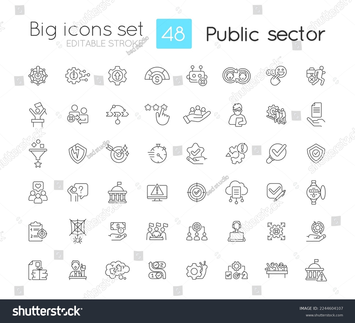 Public sector linear icons set. Services and enterprises. Government digital transformation. Administration. Customizable thin line symbols. Isolated vector outline illustrations. Editable stroke #2244604107