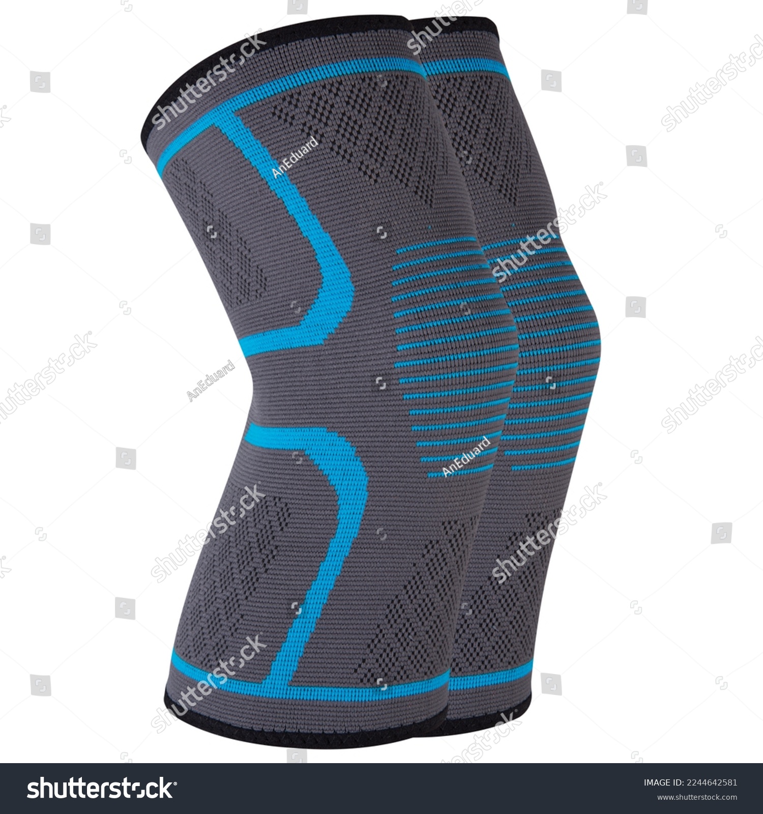 A pair of sports elastic knee pads with a blue pattern, for fixing and supporting the knee joints and ligaments, on a white background, isolate #2244642581