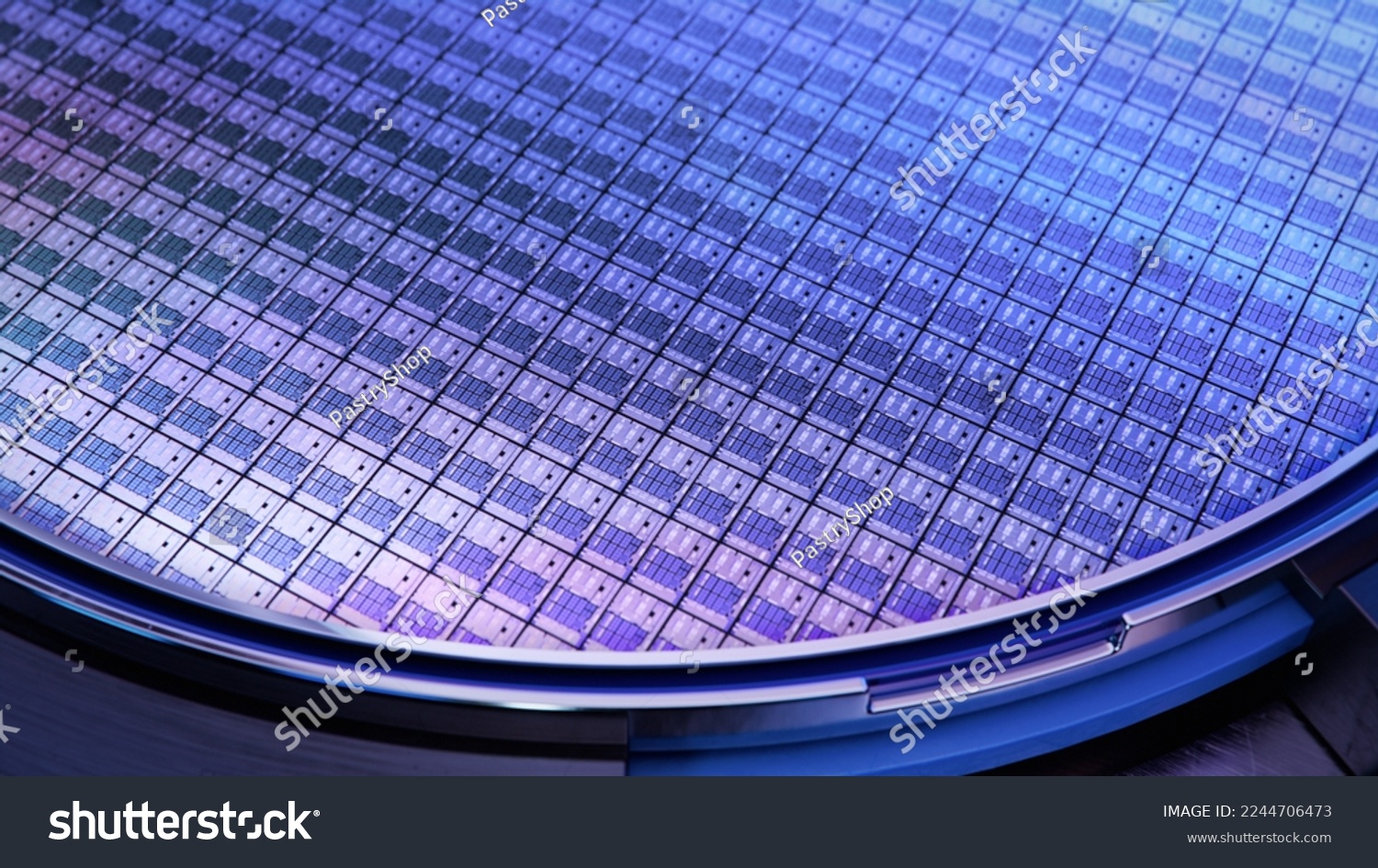Macro Shot of a Silicon Wafer with Computer Chips during Manufacturing Process at Fab or Foundry. Semicondutor Wafer Texture. #2244706473